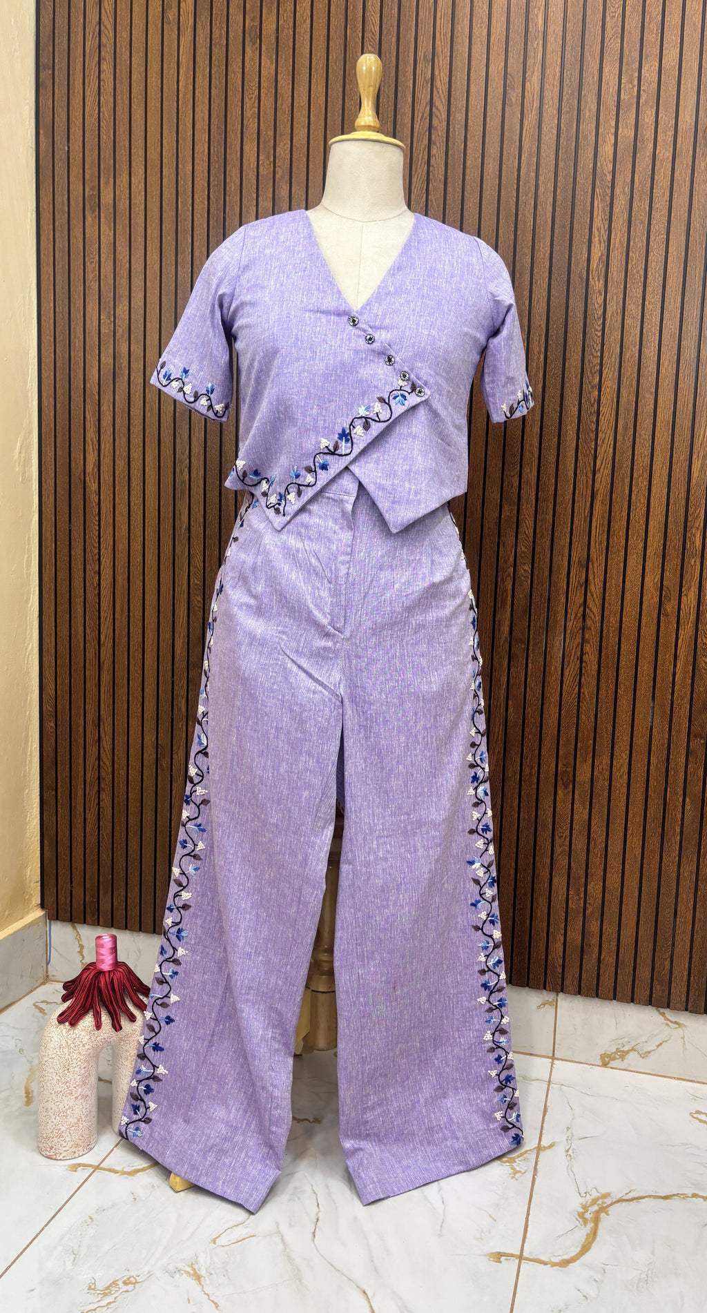Lavender Hand Embroidered Linen Co-ord Set