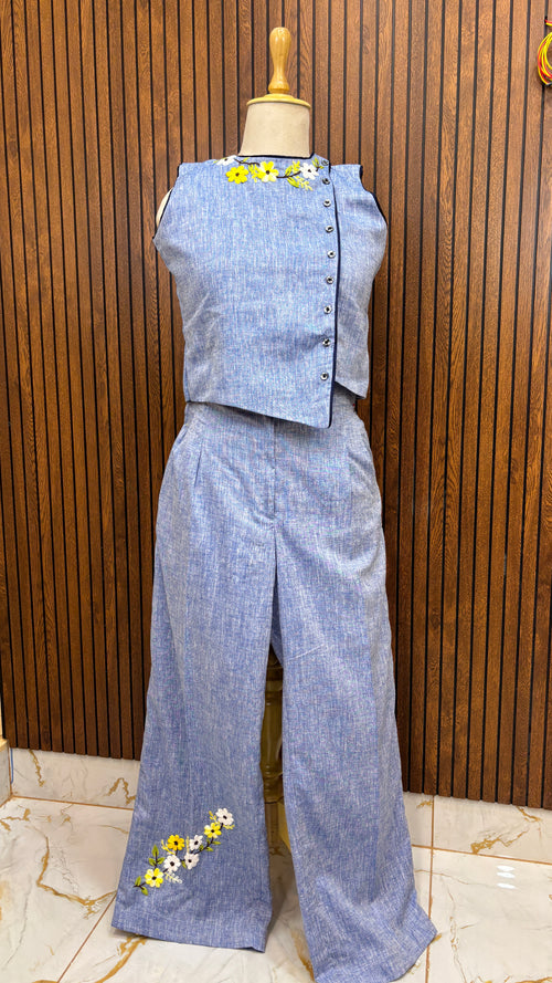 Blue Pure Linen Hand Embroidered Floral Co-ord Set