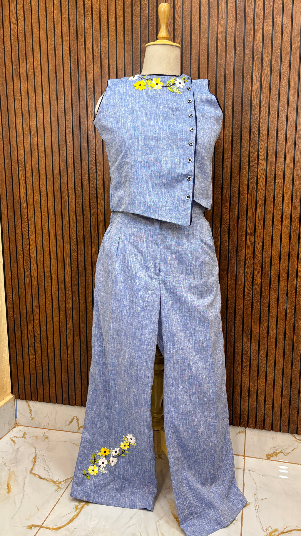 Blue Pure Linen Hand Embroidered Floral Co-ord Set