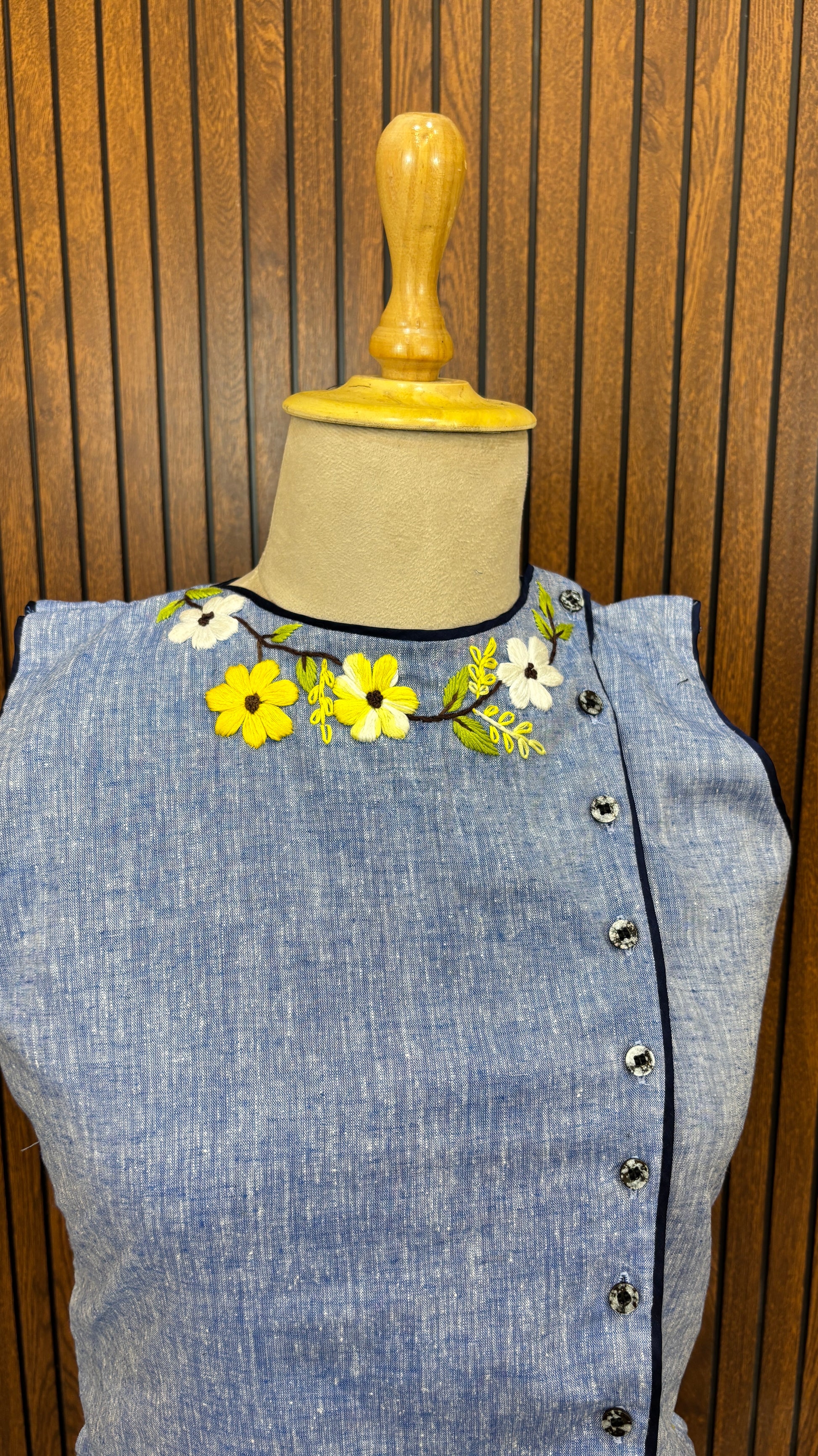 Blue Pure Linen Hand Embroidered Floral Co-ord Set