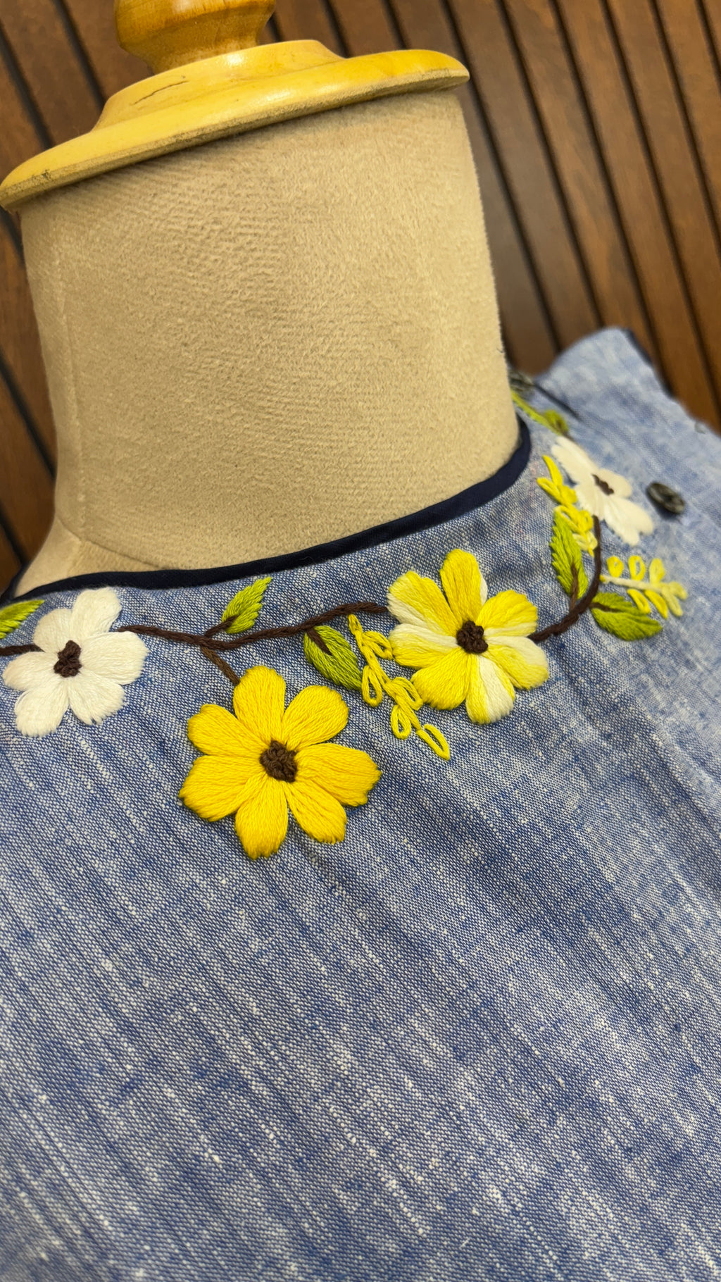 Blue Pure Linen Hand Embroidered Floral Co-ord Set