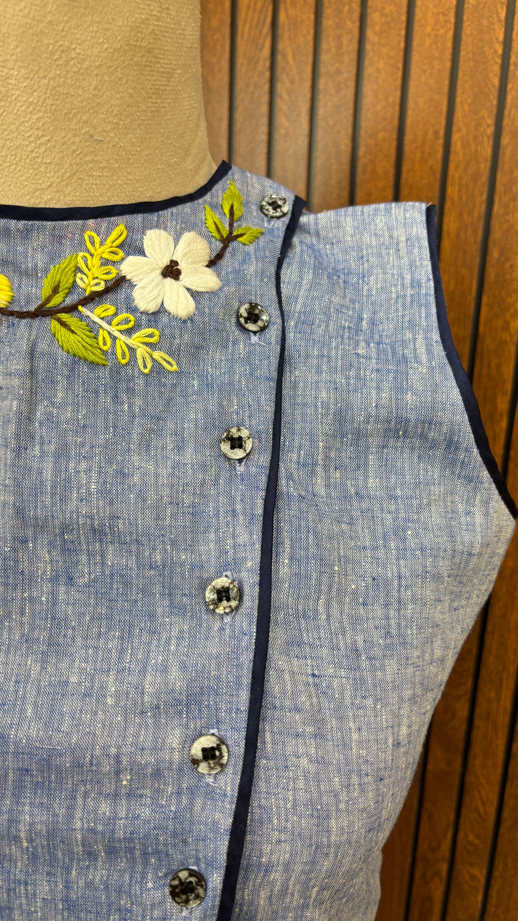 Blue Pure Linen Hand Embroidered Floral Waistcoat-Inspired Top