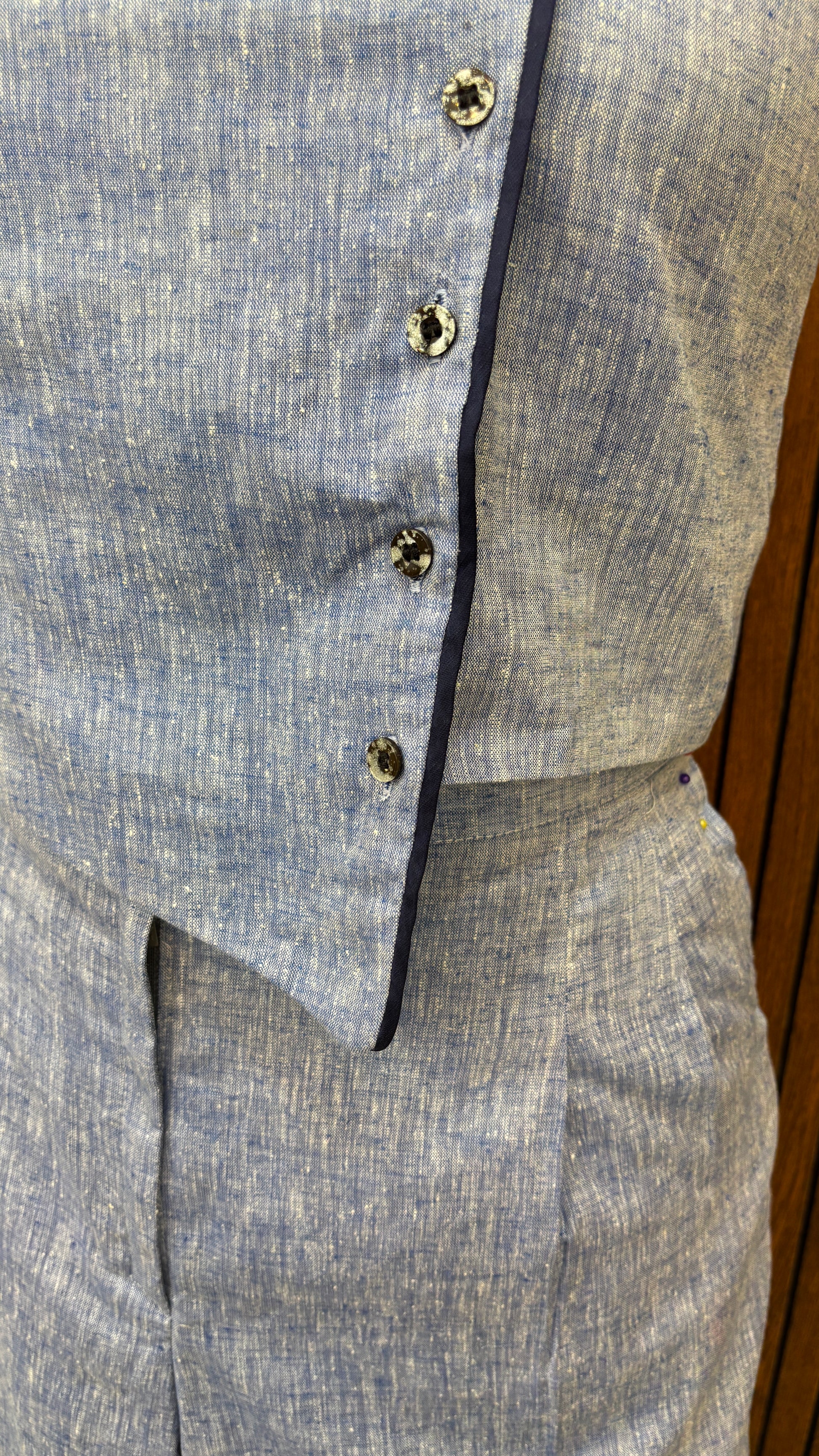 Blue Pure Linen Hand Embroidered Floral Waistcoat-Inspired Top