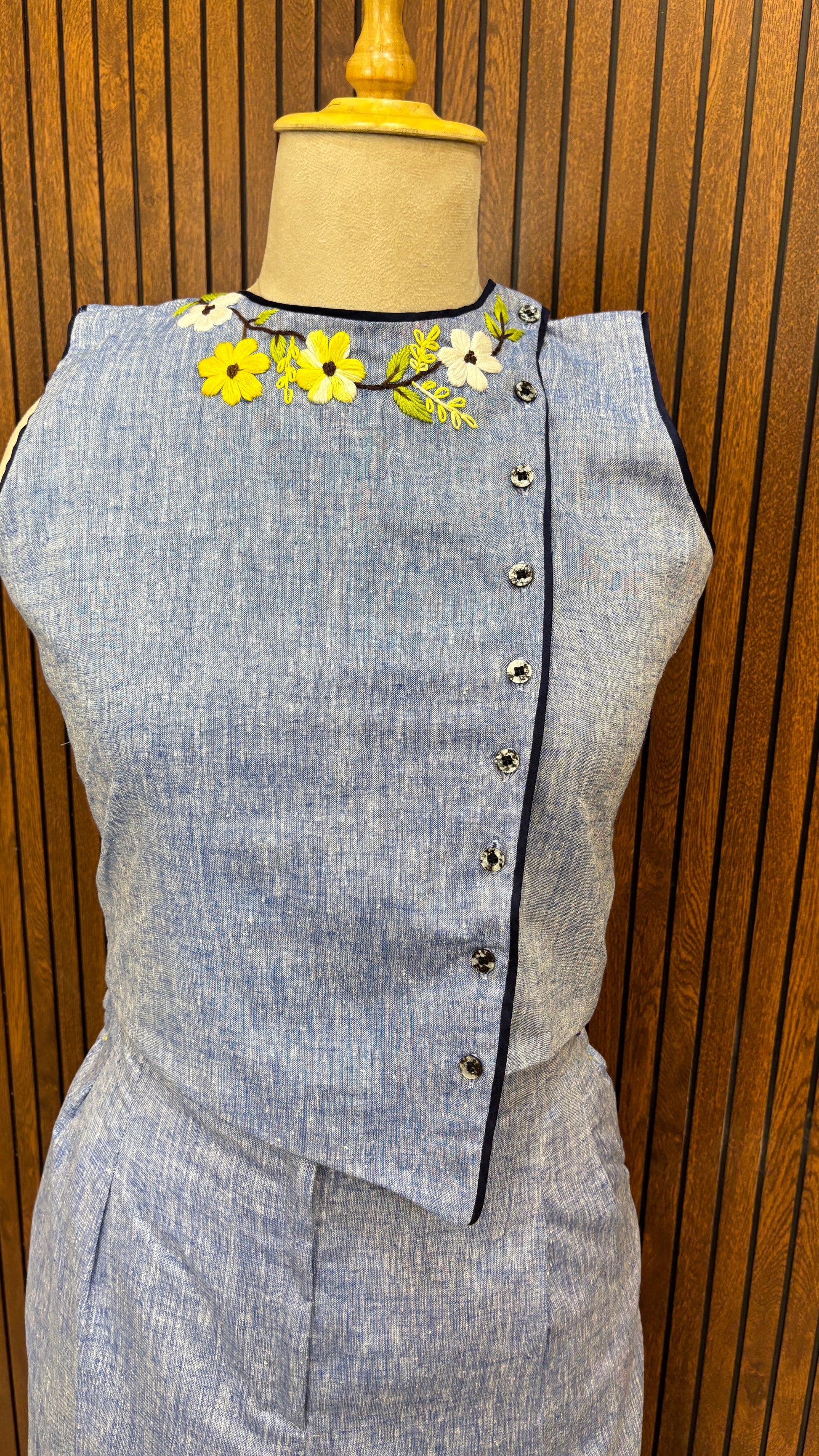 Blue Pure Linen Hand Embroidered Floral Waistcoat-Inspired Top
