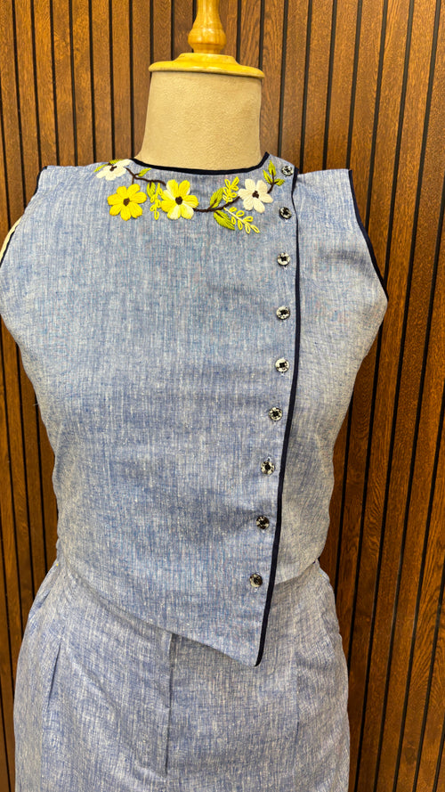 Blue Pure Linen Hand Embroidered Floral Waistcoat-Inspired Top