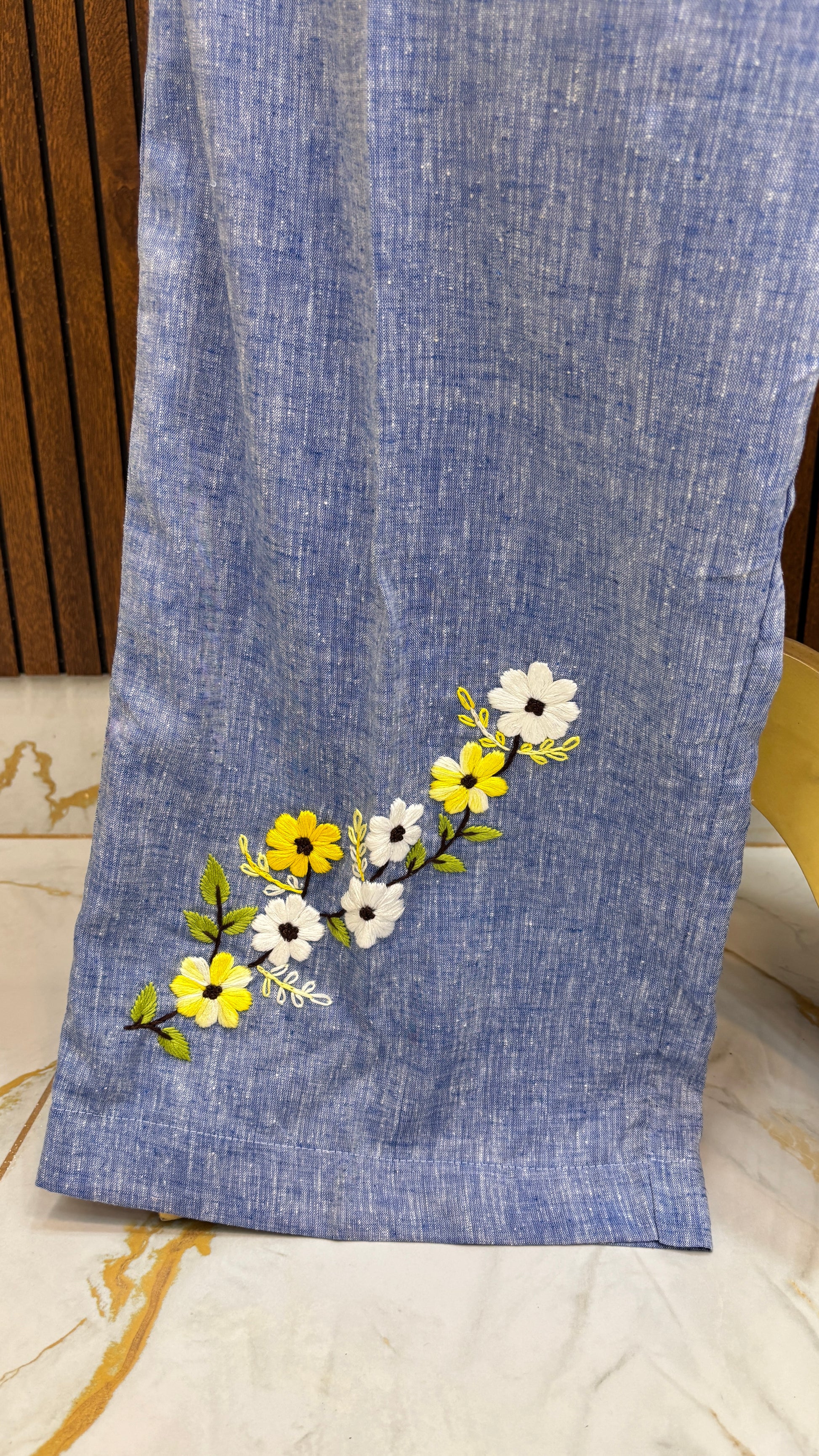 Blue Pure Linen Hand Embroidered Floral Co-ord Set