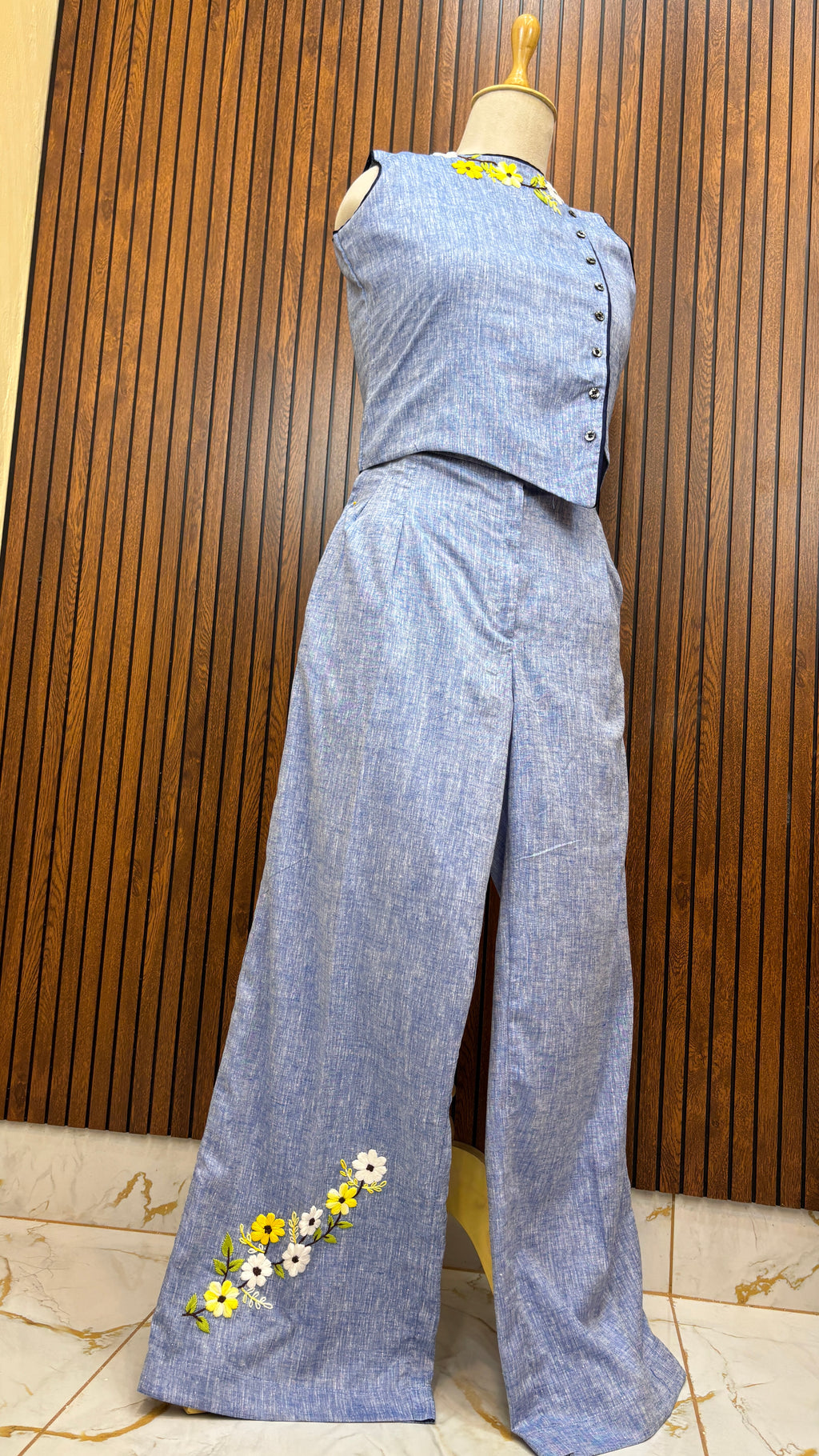 Blue Pure Linen Hand Embroidered Floral Waistcoat-Inspired Top