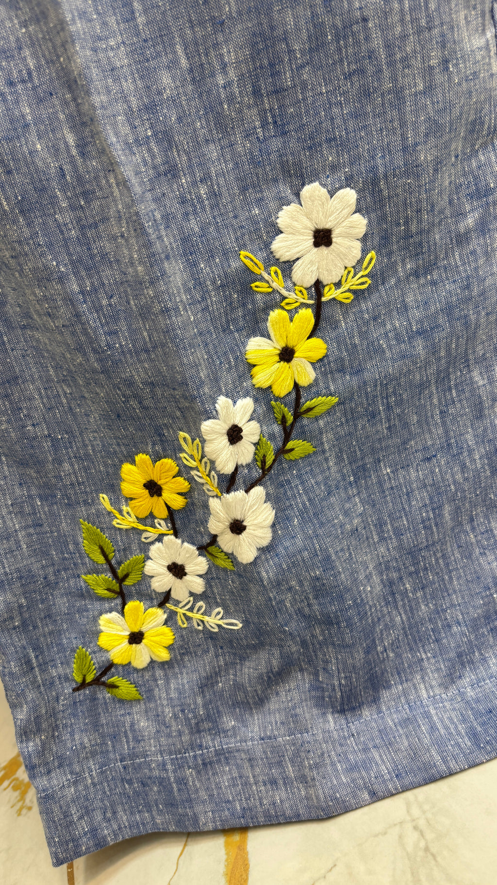 Blue Pure Linen Hand Embroidered Floral Trouser