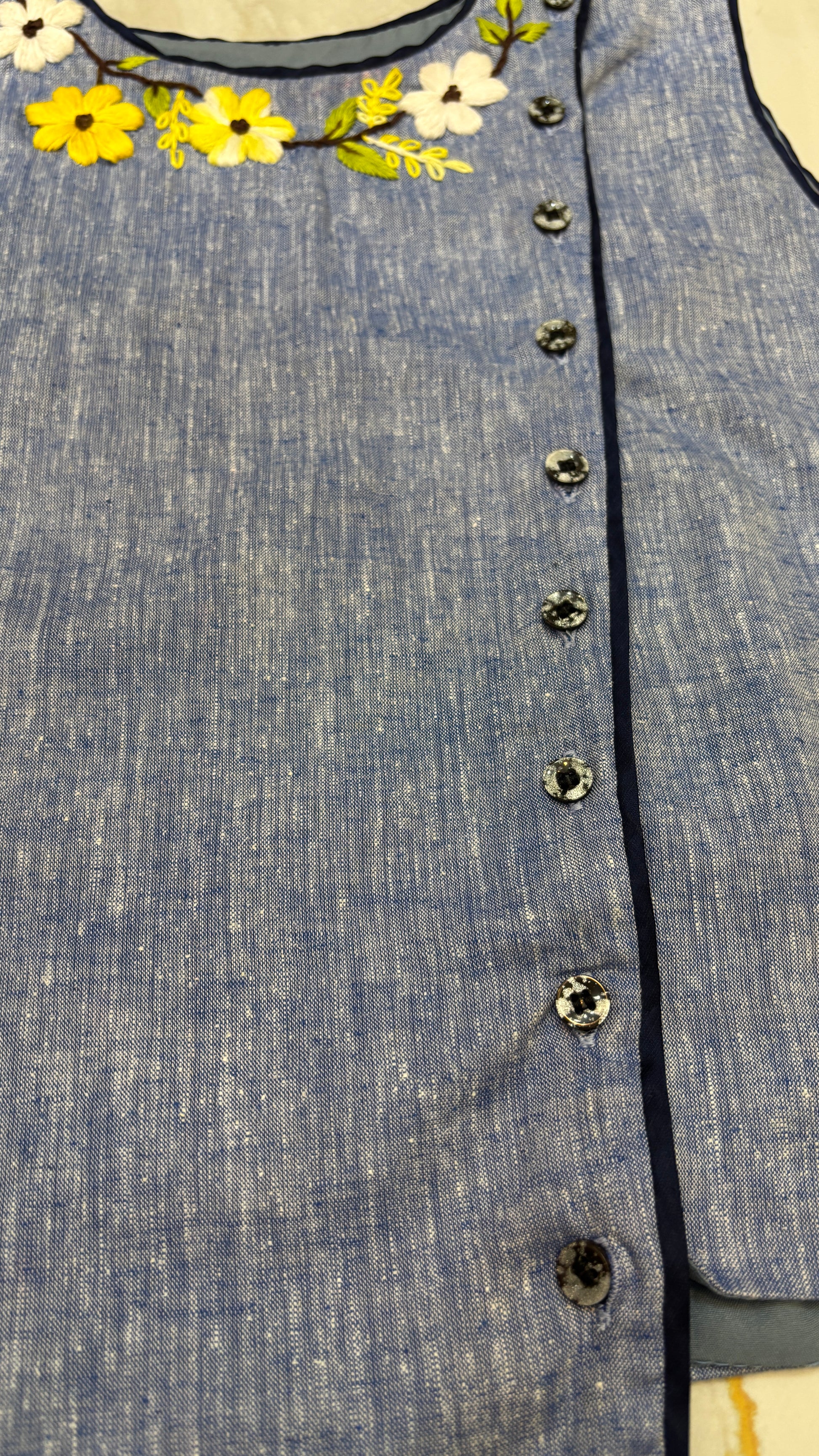 Blue Pure Linen Hand Embroidered Floral Co-ord Set