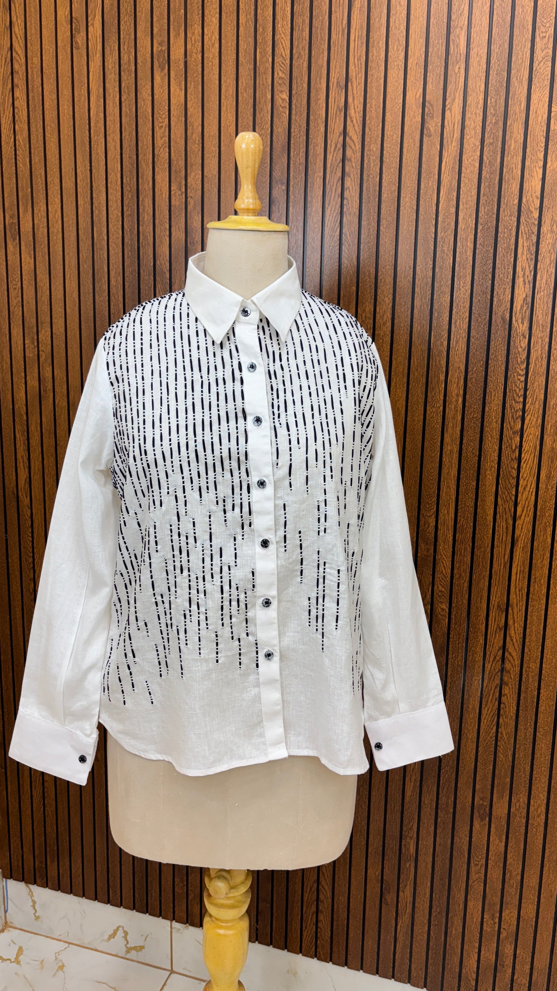 White Pure Linen Co-ord Set with Black Striped Hand Embroidery & Branch Motifs