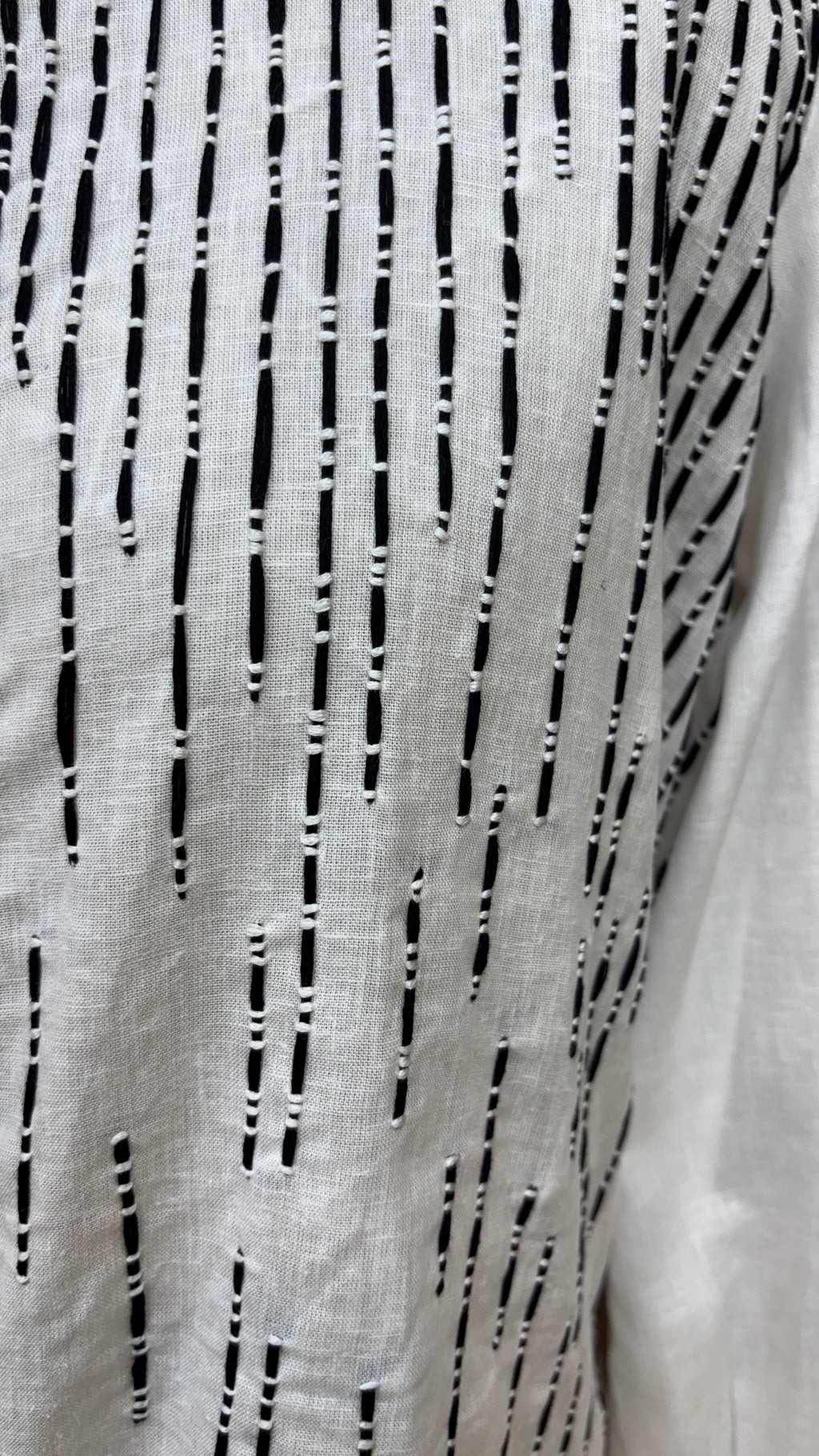 White Pure Linen Co-ord Set with Black Striped Hand Embroidery & Branch Motifs