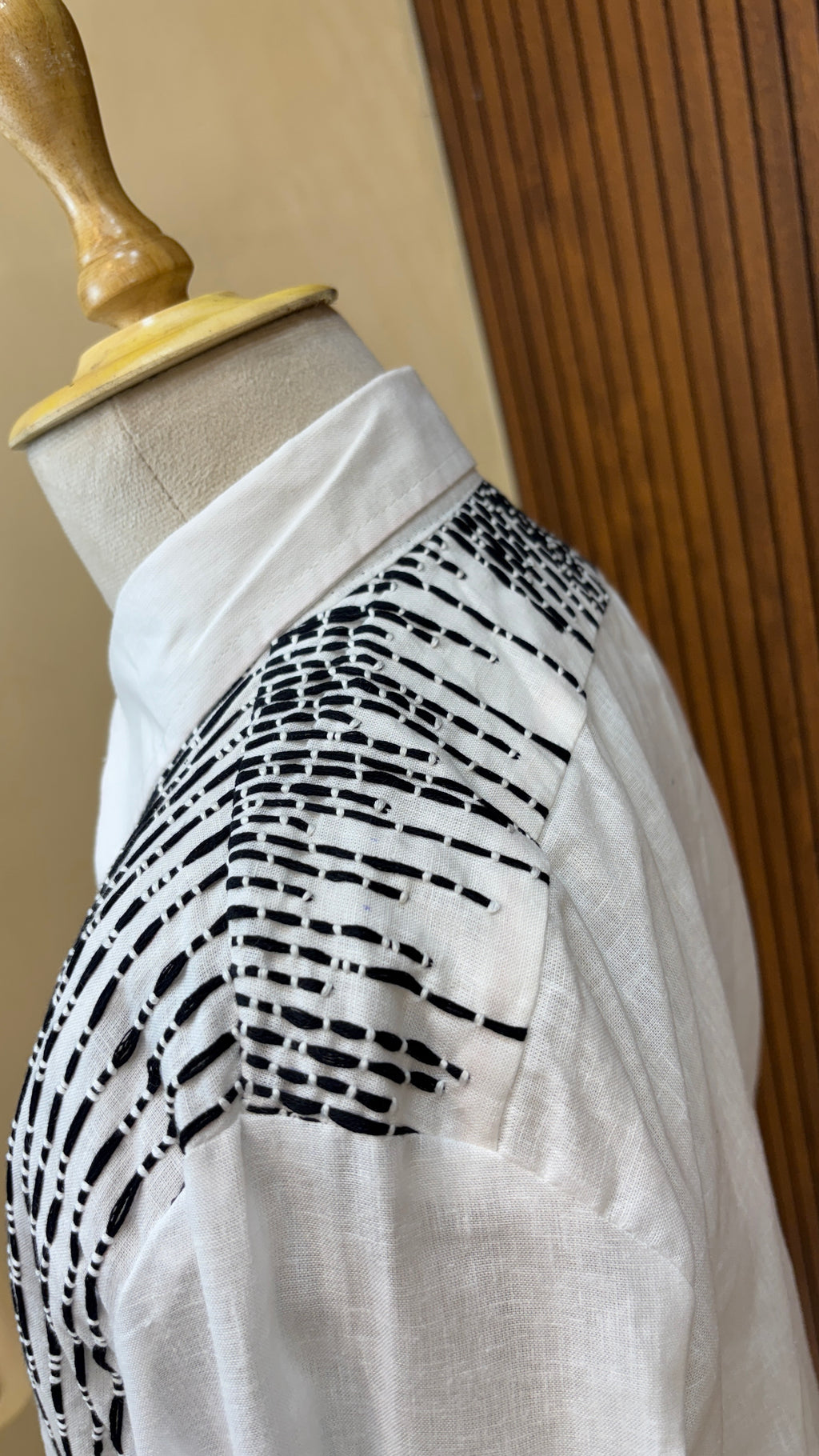 White Pure Linen Co-ord Set with Black Striped Hand Embroidery & Branch Motifs