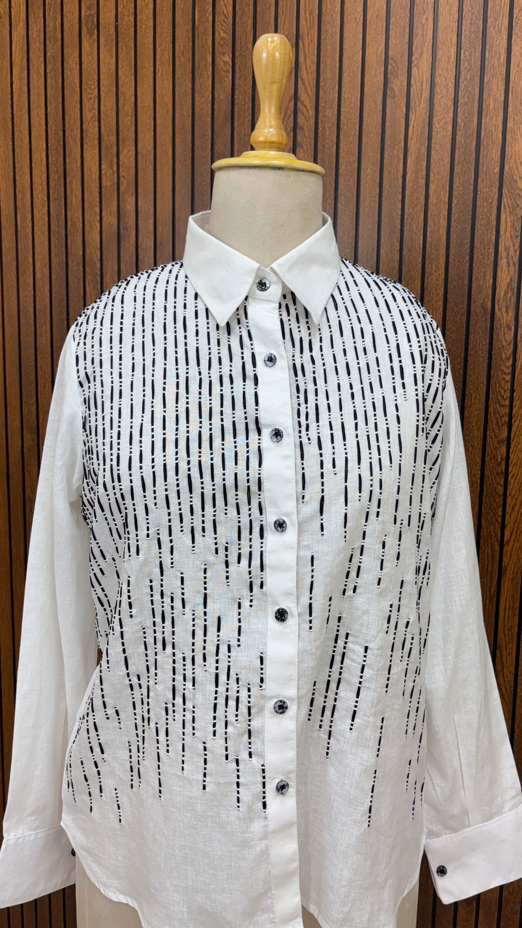 White Pure Linen Co-ord Set with Black Striped Hand Embroidery & Branch Motifs