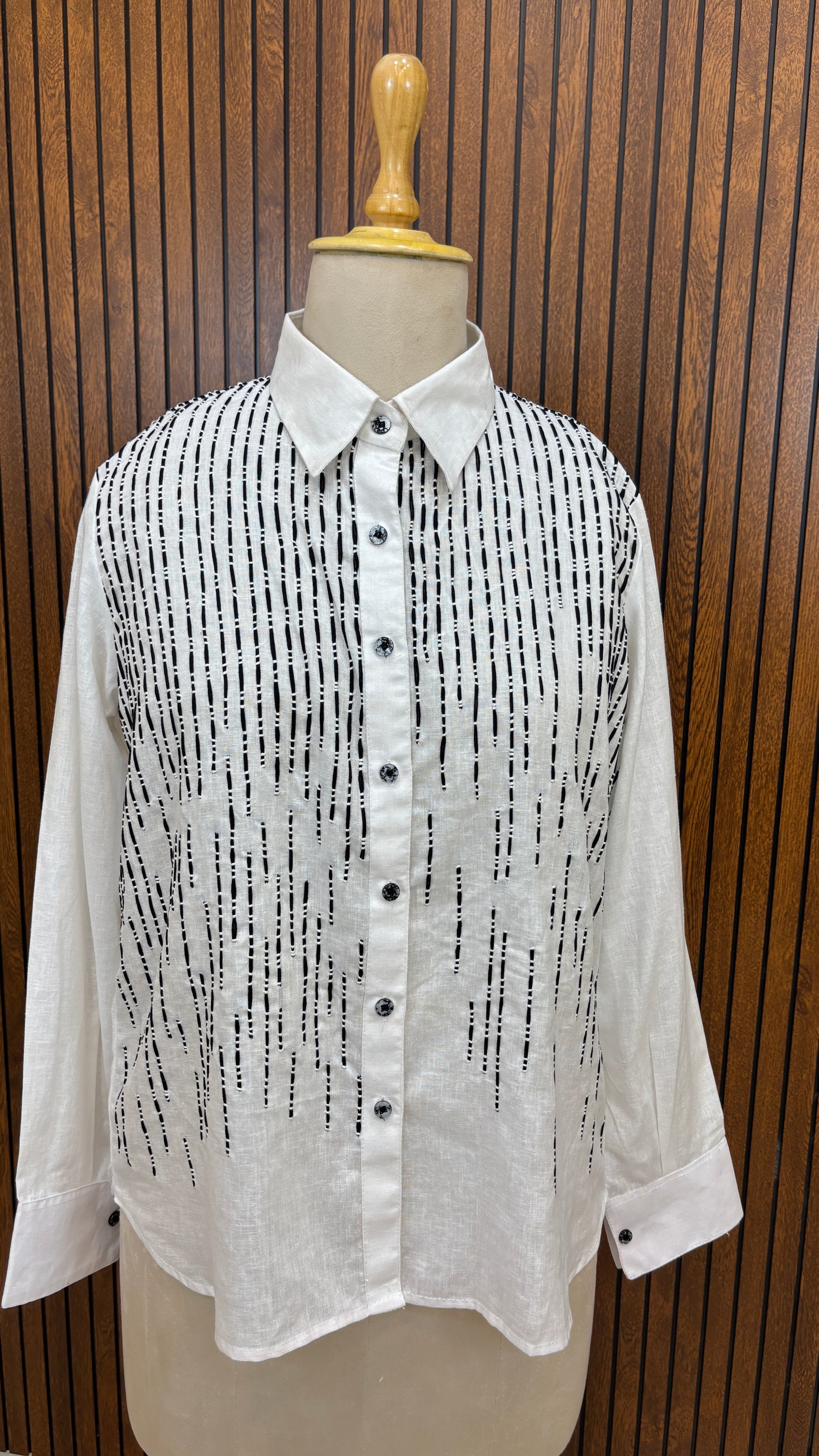 White Pure Linen Co-ord Set with Black Striped Hand Embroidery & Branch Motifs