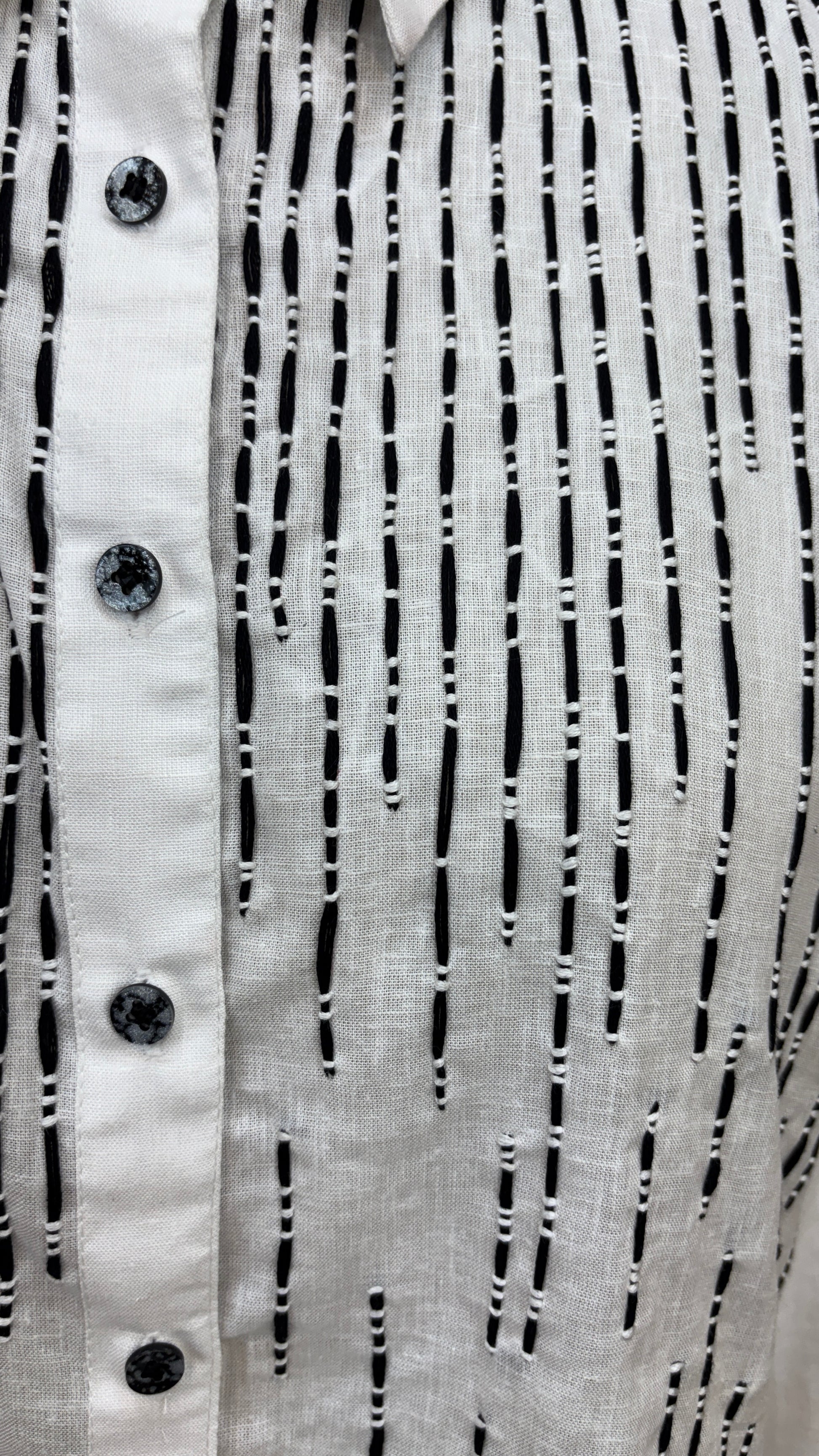 White Pure Linen Co-ord Set with Black Striped Hand Embroidery & Branch Motifs