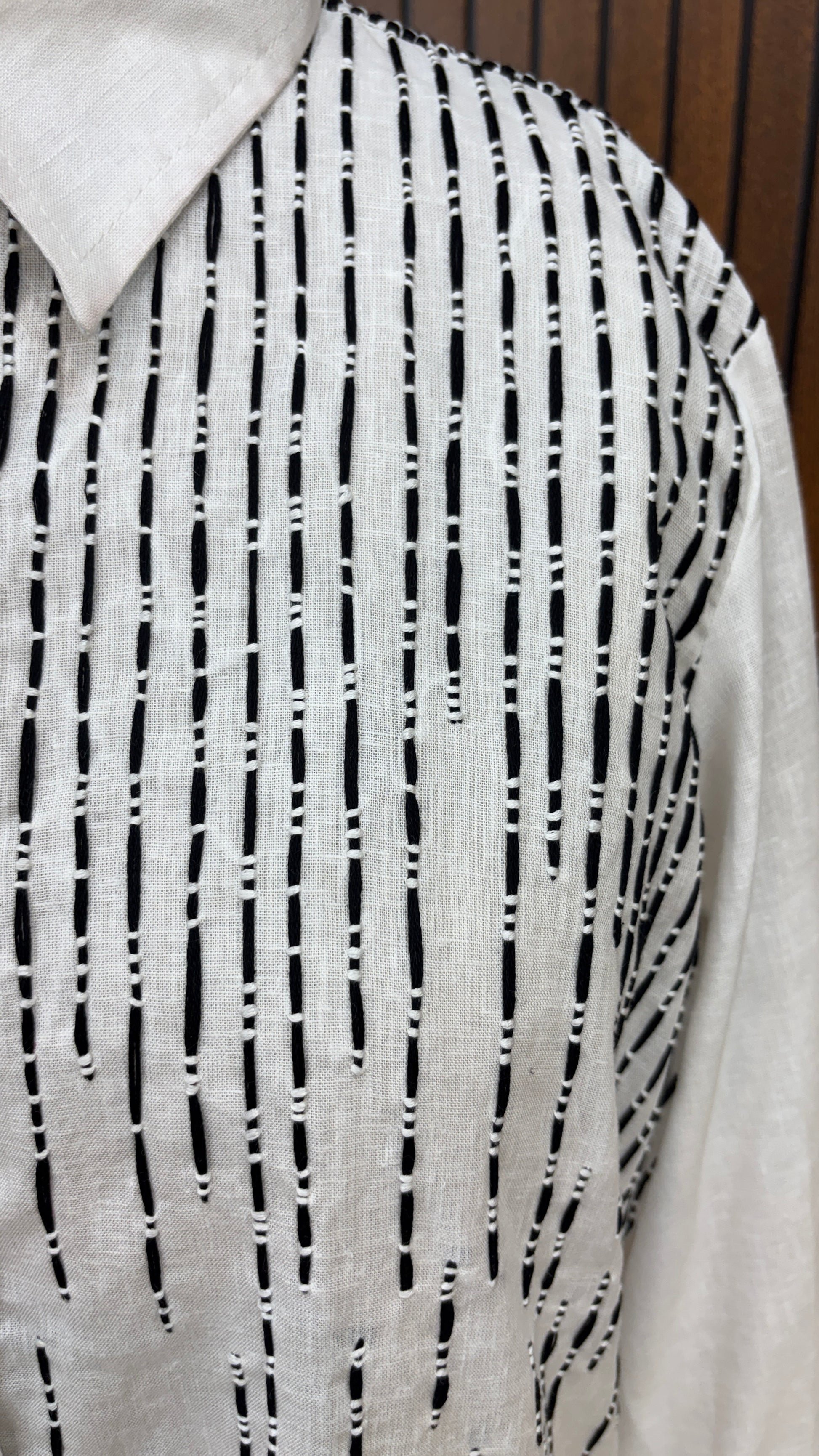 White Pure Linen Co-ord Set with Black Striped Hand Embroidery & Branch Motifs