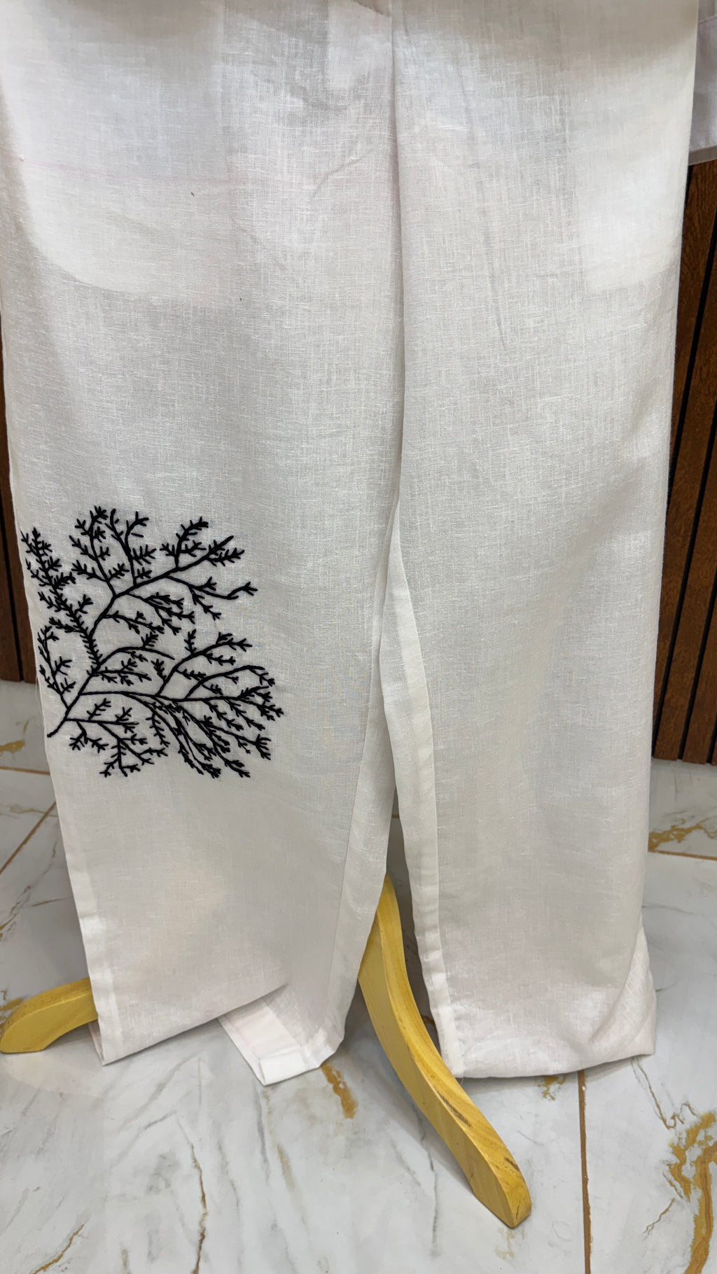 White Pure Linen Co-ord Set with Black Striped Hand Embroidery & Branch Motifs