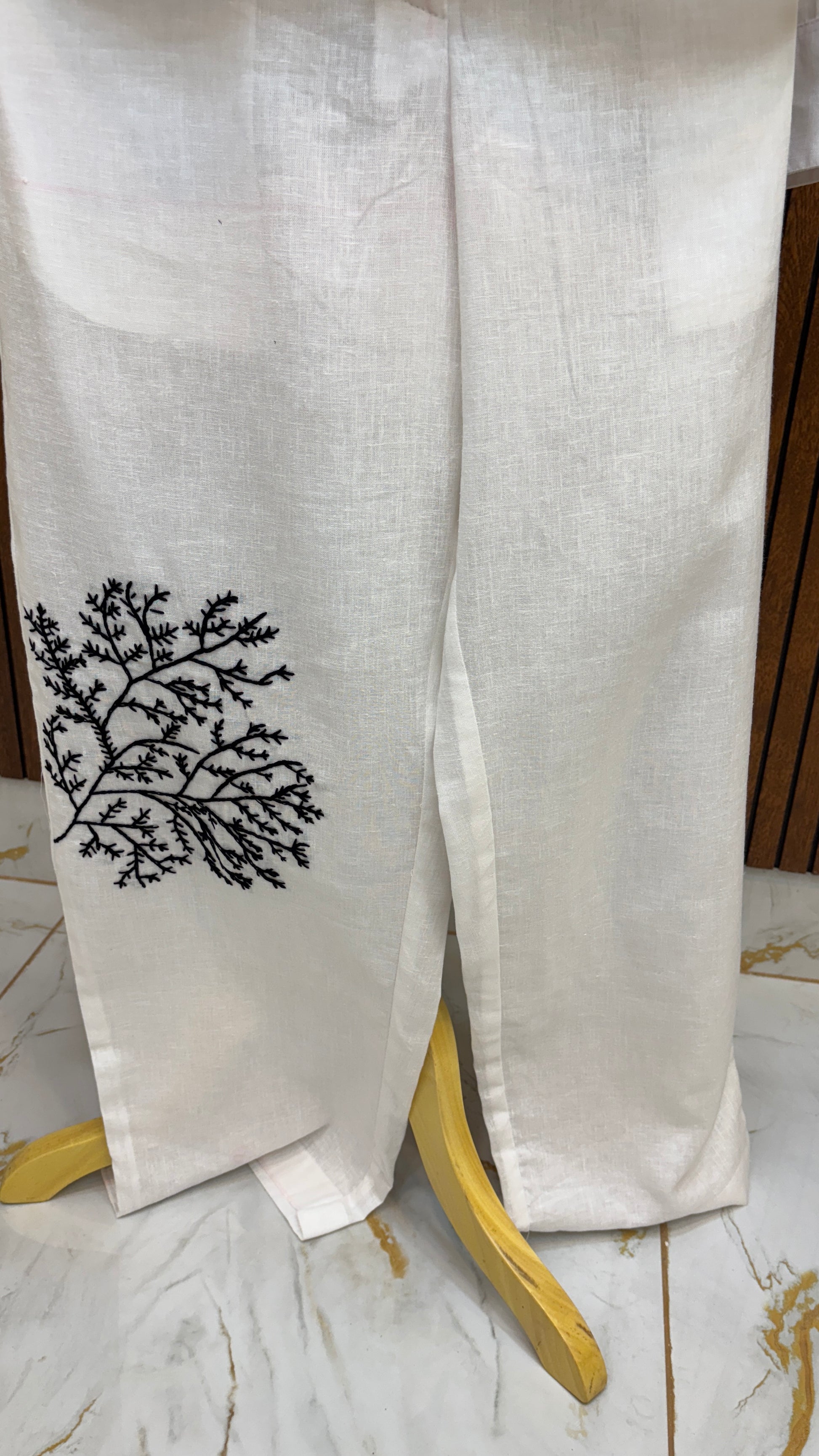 White Pure Linen Co-ord Set with Black Striped Hand Embroidery & Branch Motifs