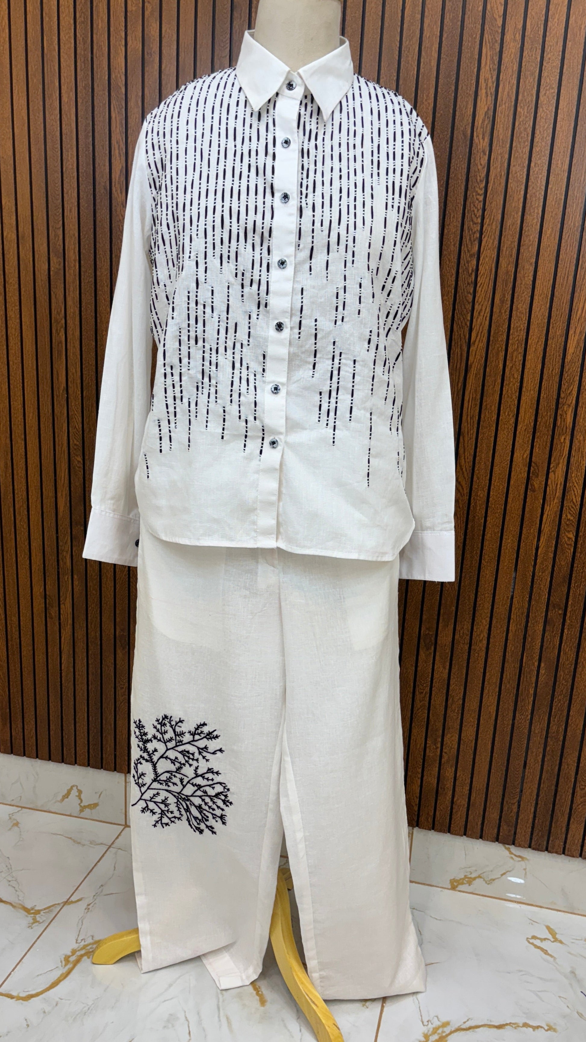 White Pure Linen Co-ord Set with Black Striped Hand Embroidery & Branch Motifs