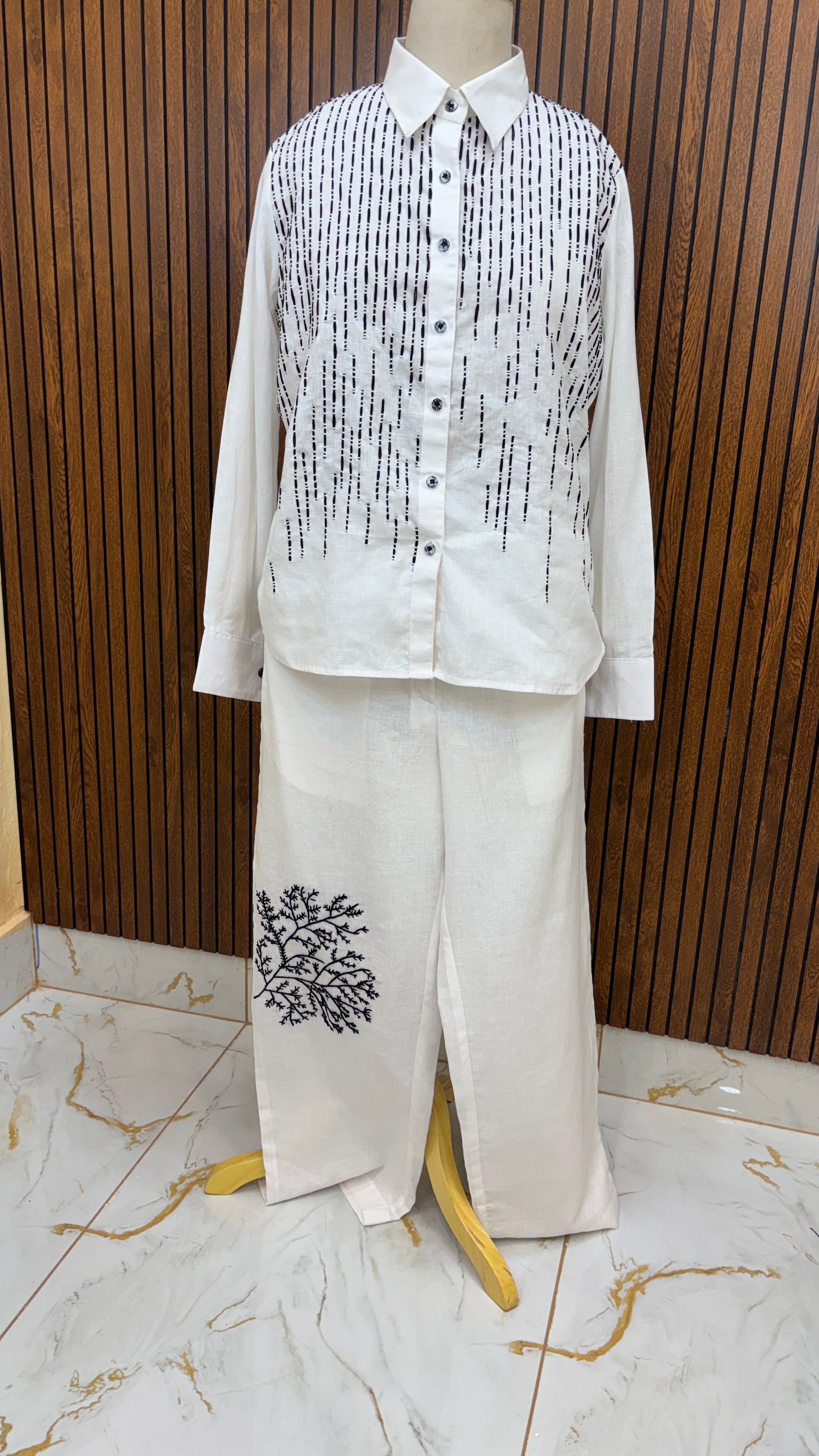 White Pure Linen Shirt with Black Striped Embroidery