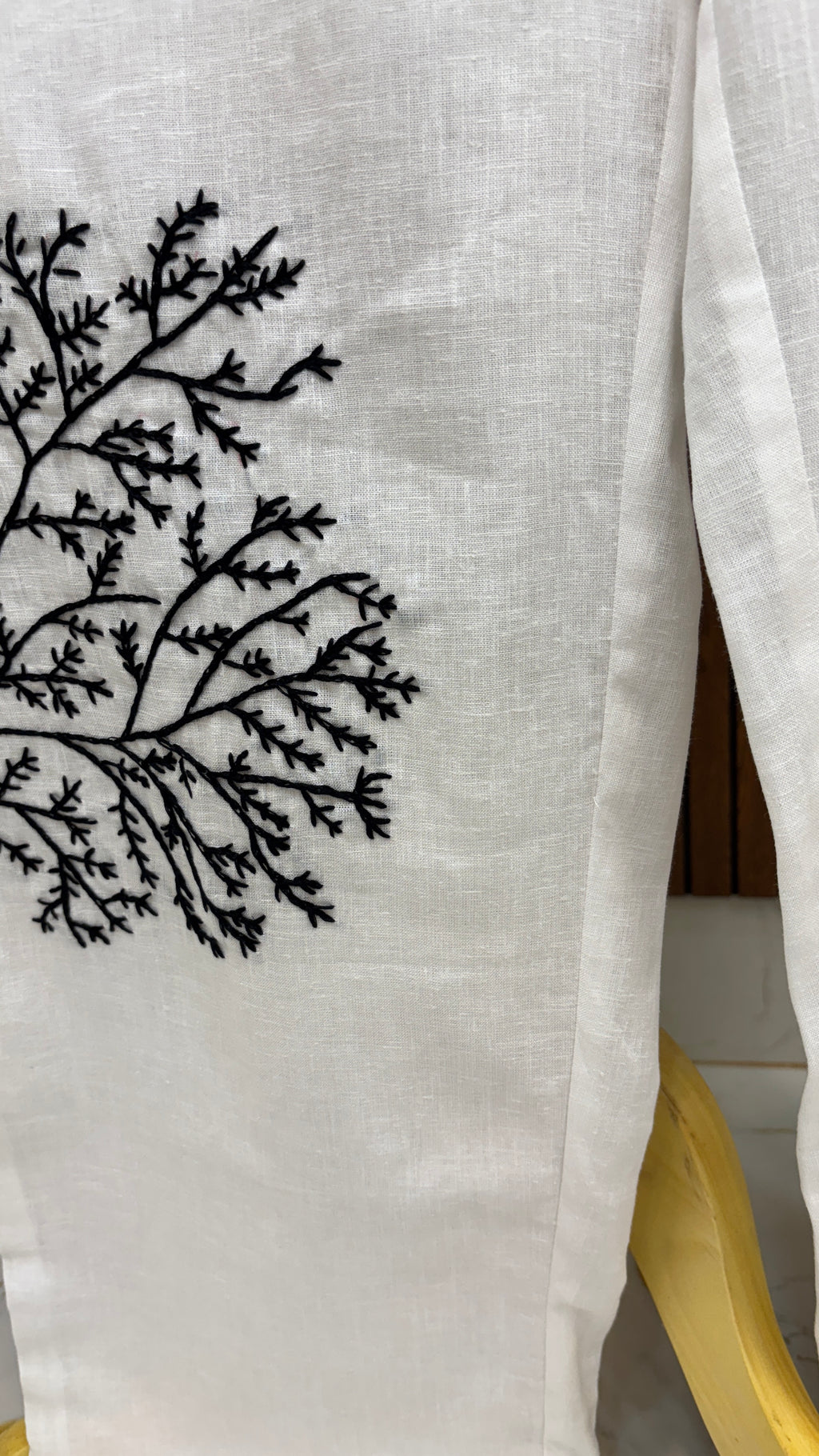 White Pure Linen Co-ord Set with Black Striped Hand Embroidery & Branch Motifs
