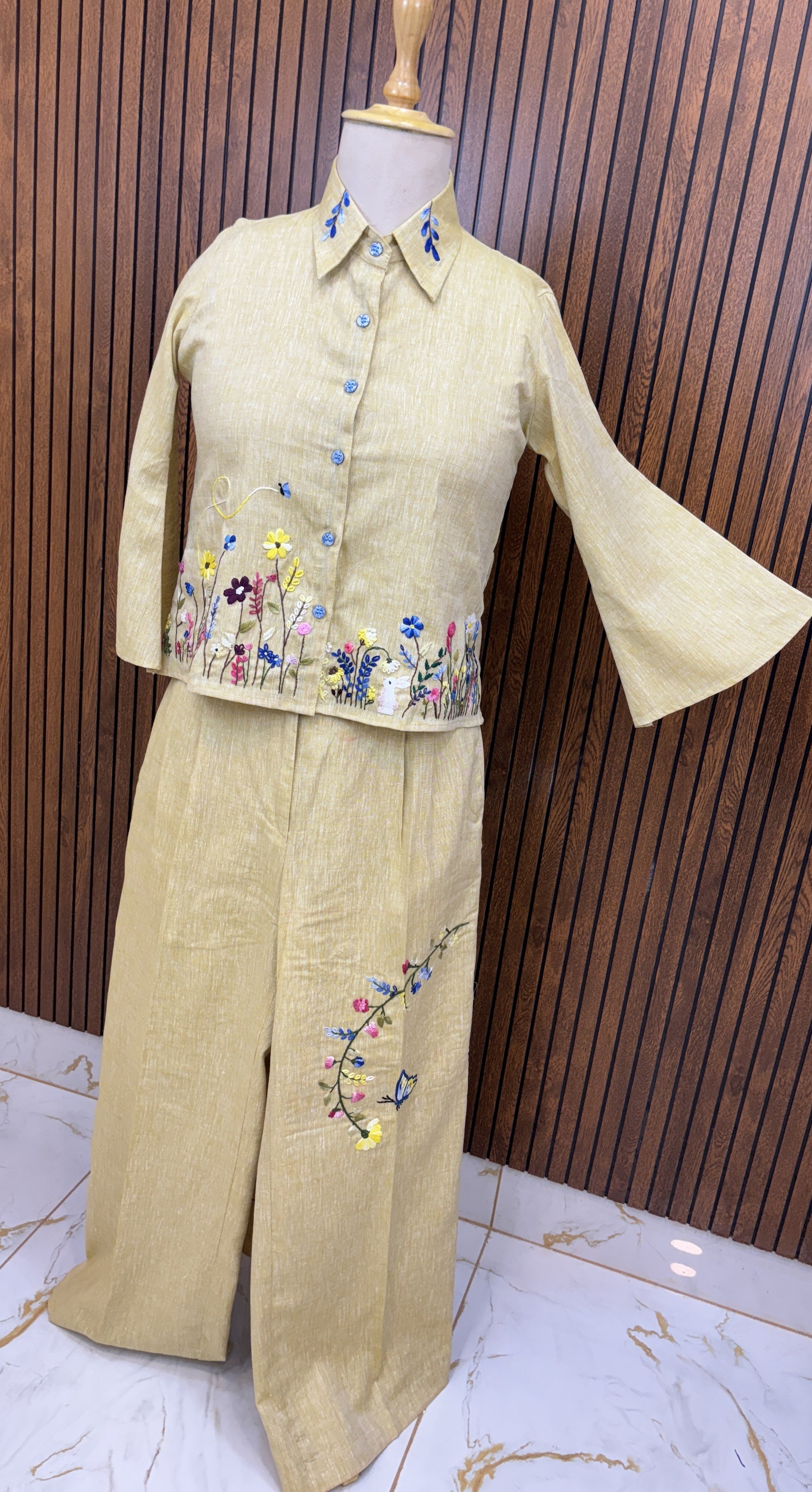 Nature-Inspired Beige Pure Linen Hand Embroidered Co-ord Set