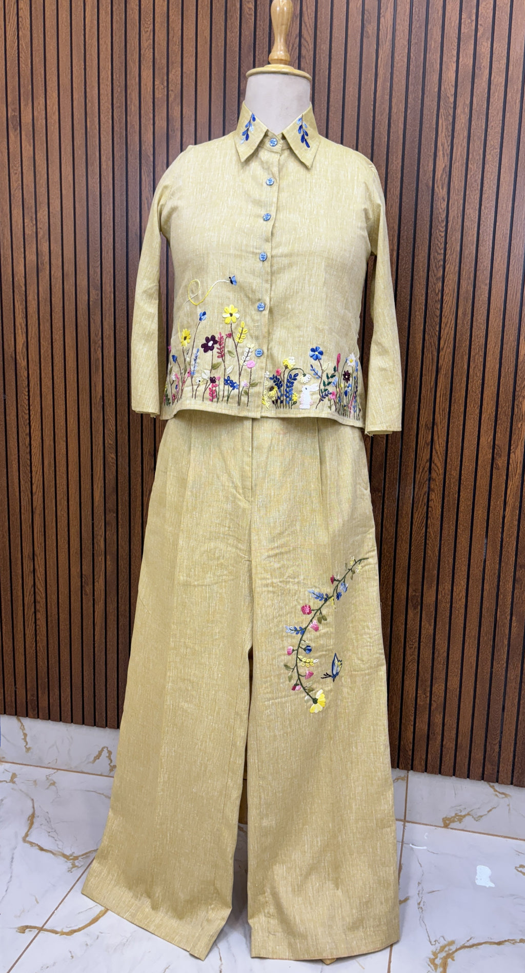 Nature-Inspired Beige Pure Linen Hand Embroidered Co-ord Set