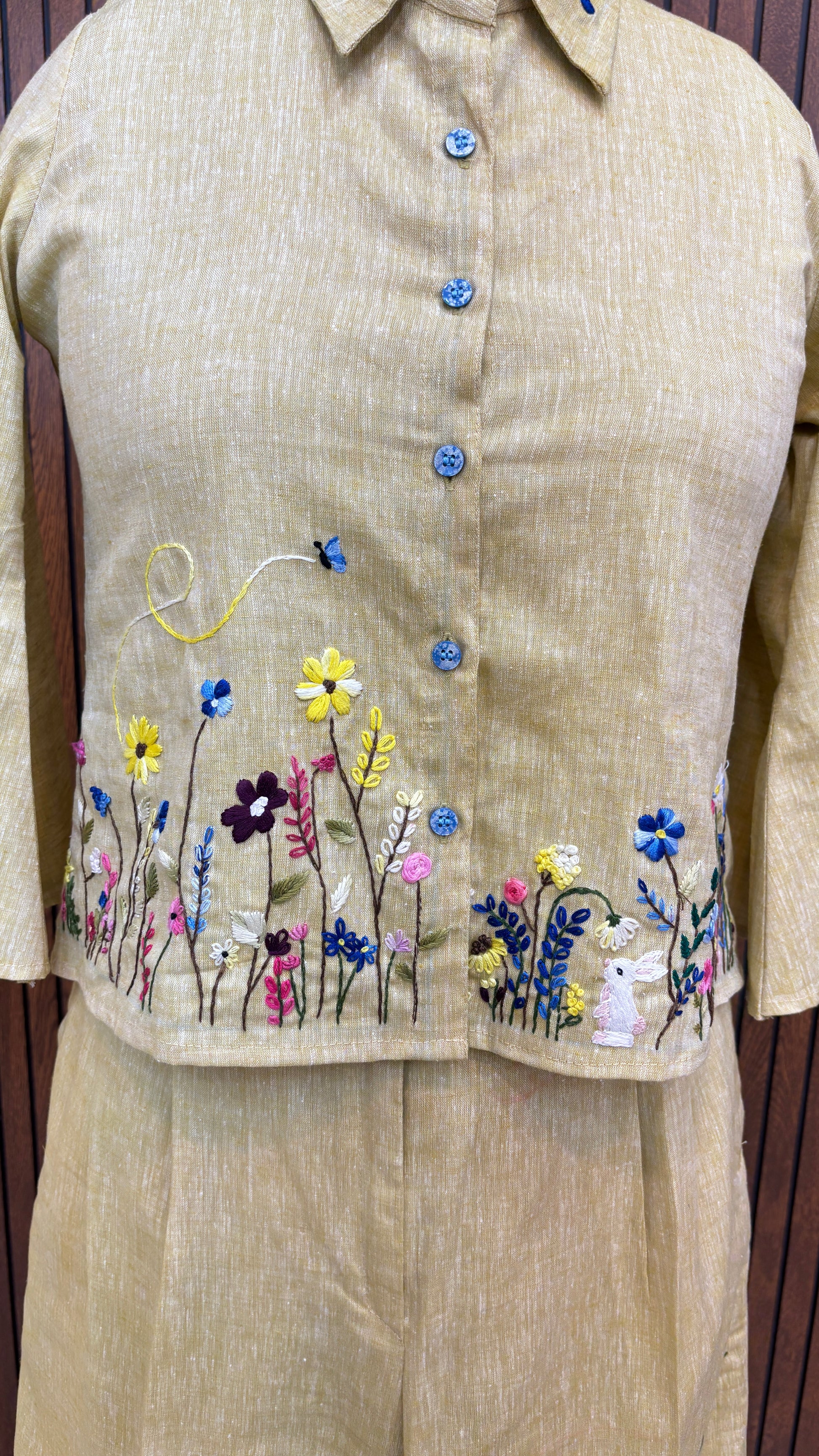 Nature-Inspired Beige Pure Linen Hand Embroidered Co-ord Set