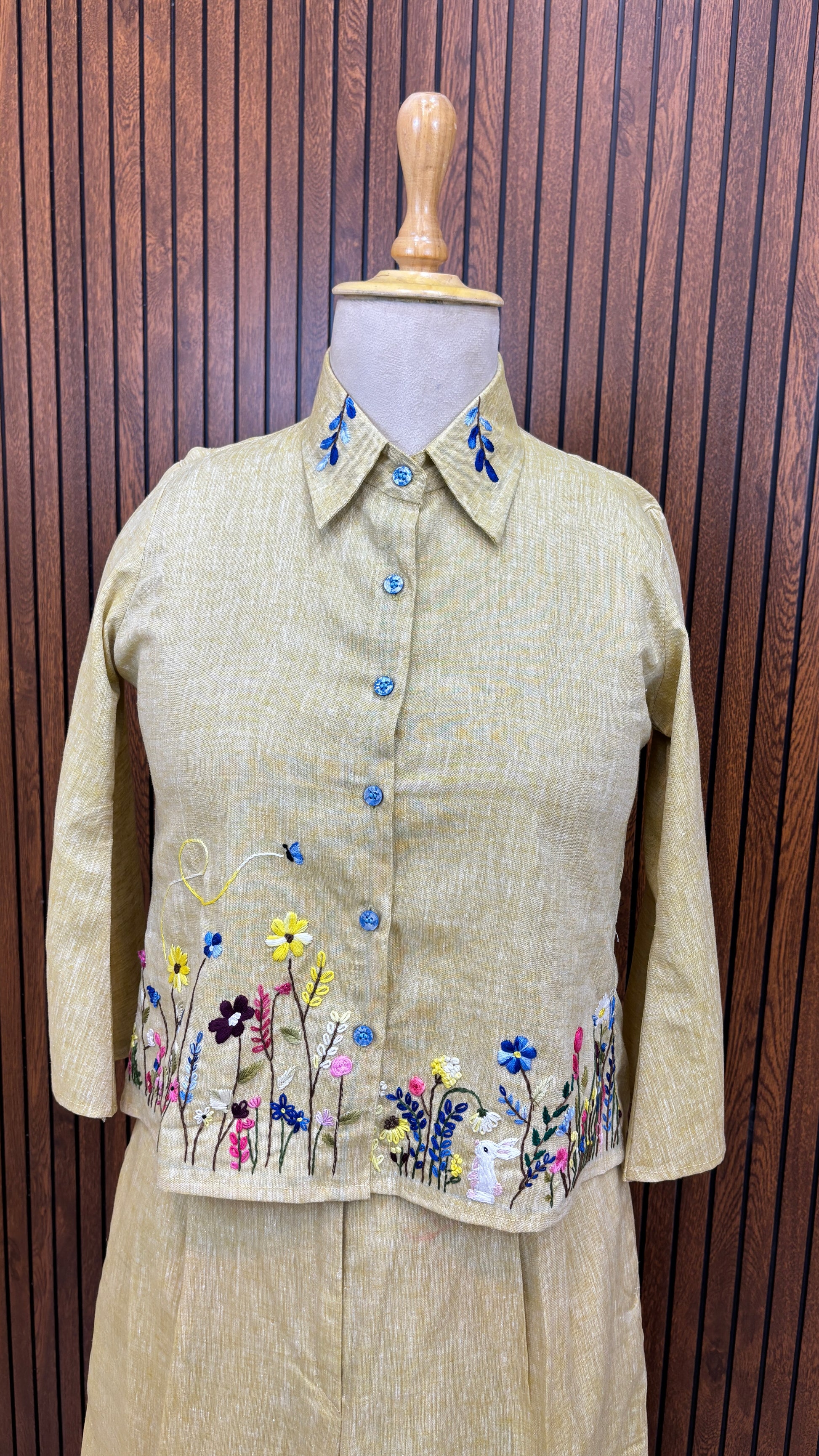 Nature-Inspired Beige Pure Linen Hand Embroidered Co-ord Set