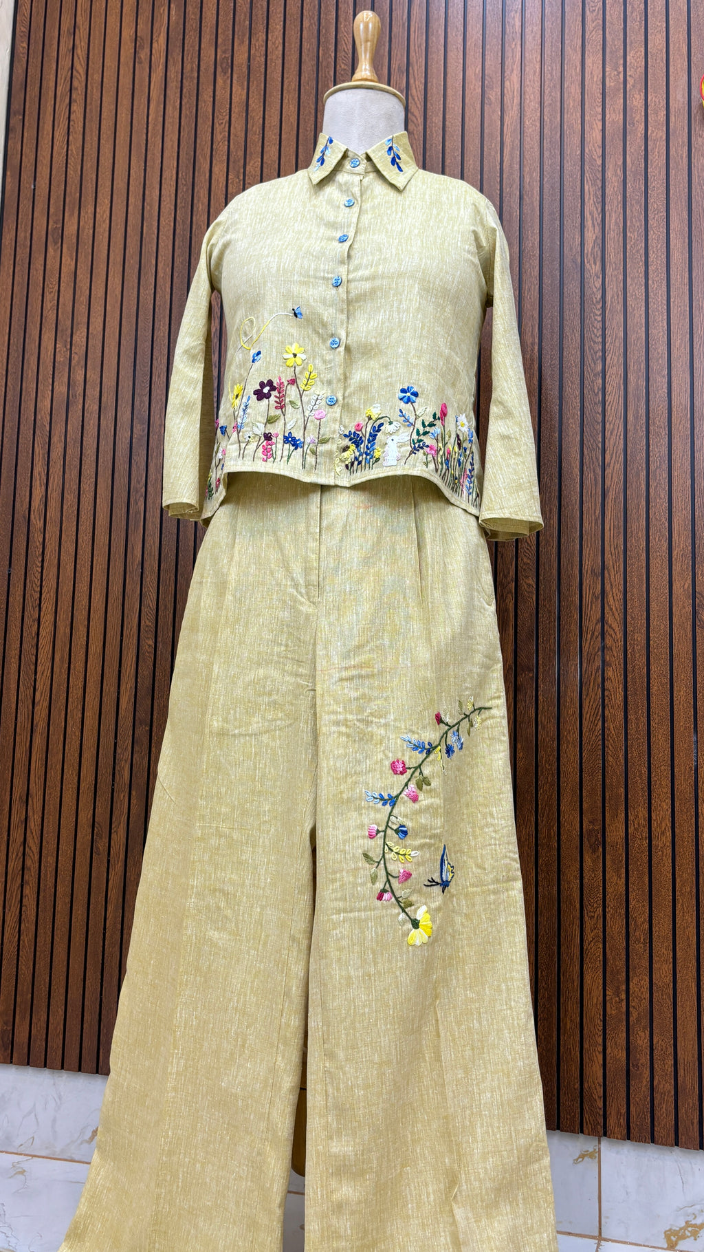 Nature-Inspired Beige Pure Linen Hand Embroidered Co-ord Set