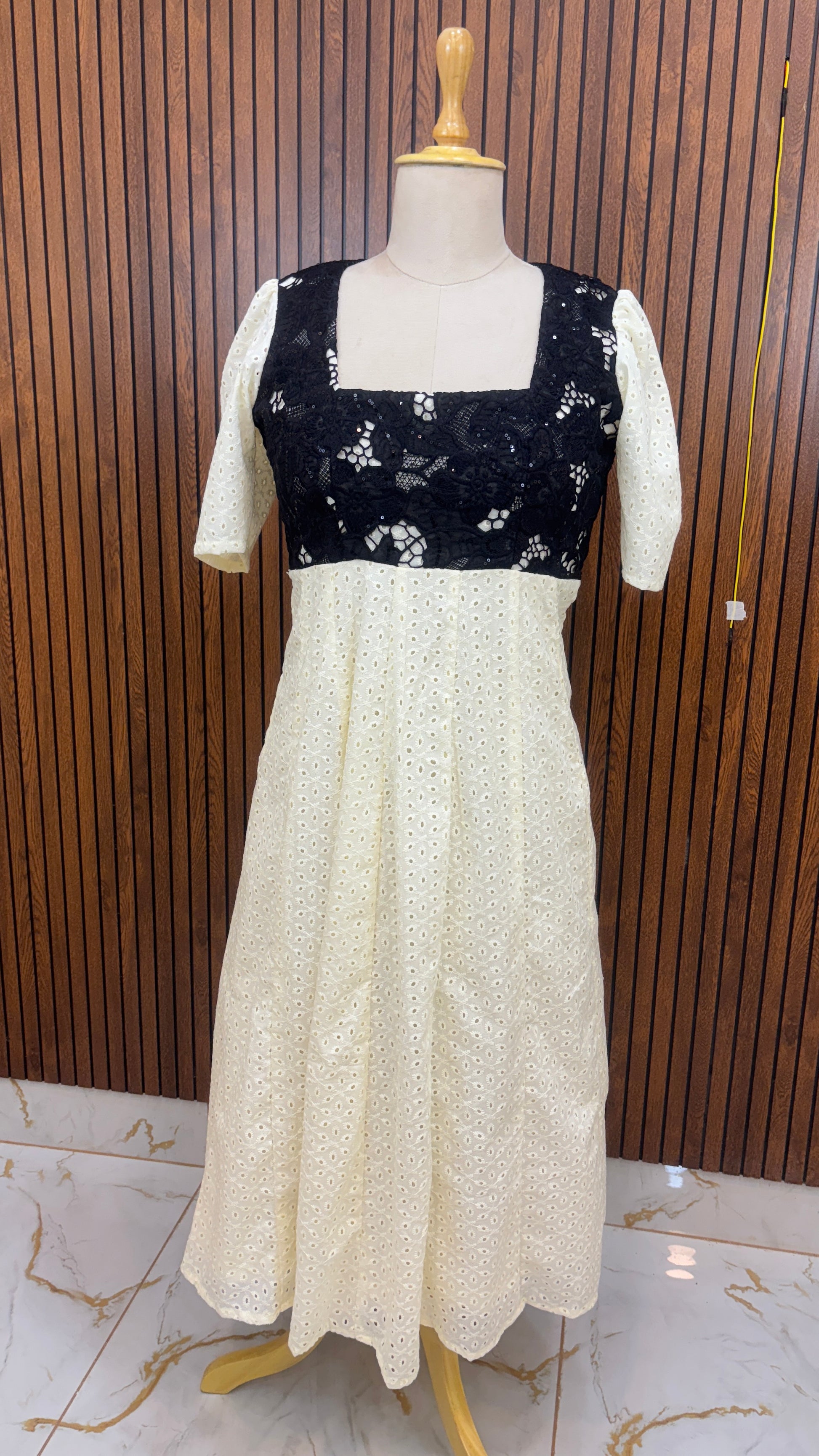 Light Yellow Dress with Black Lace Detailing