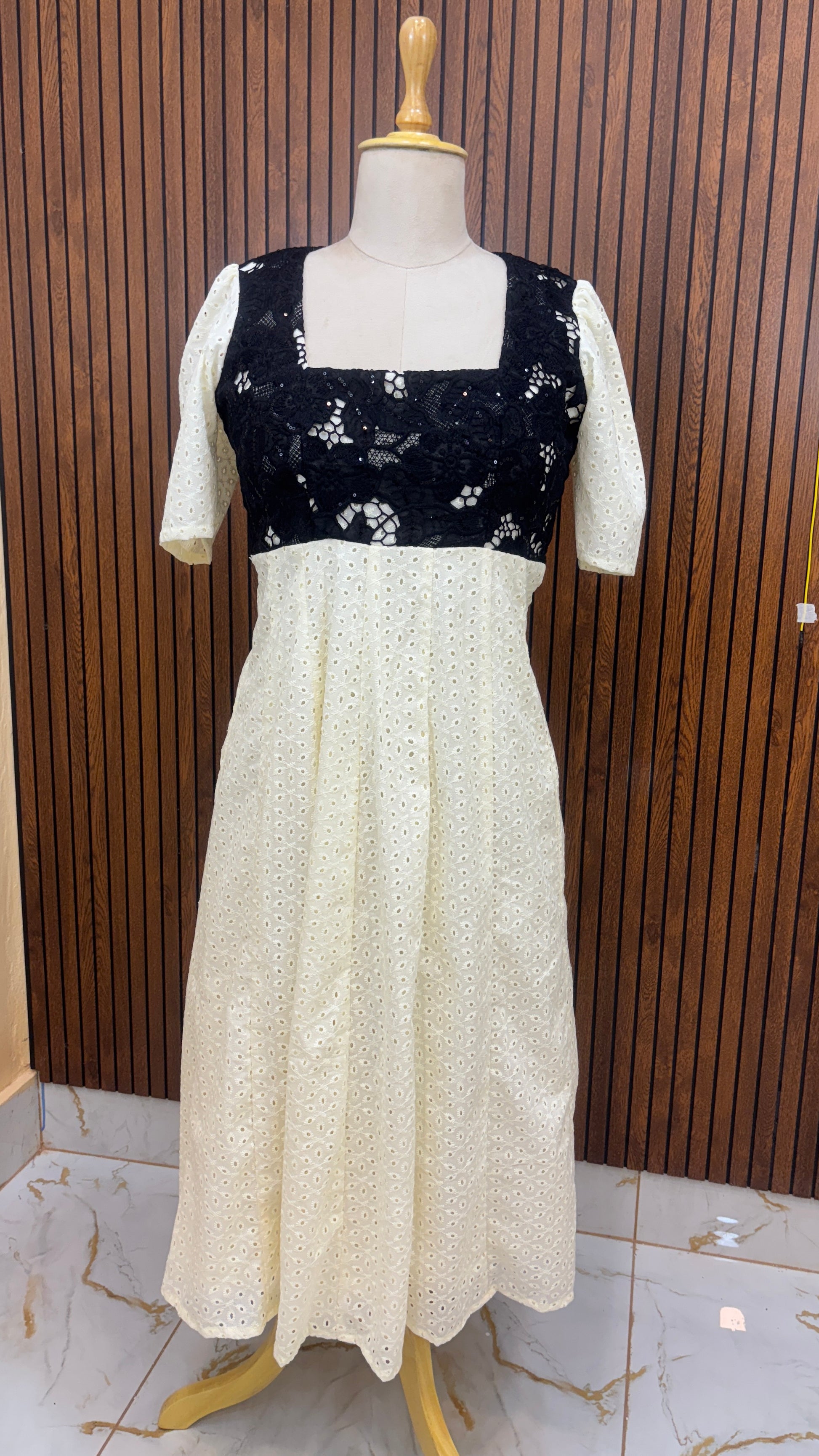 Light Yellow Dress with Black Lace Detailing