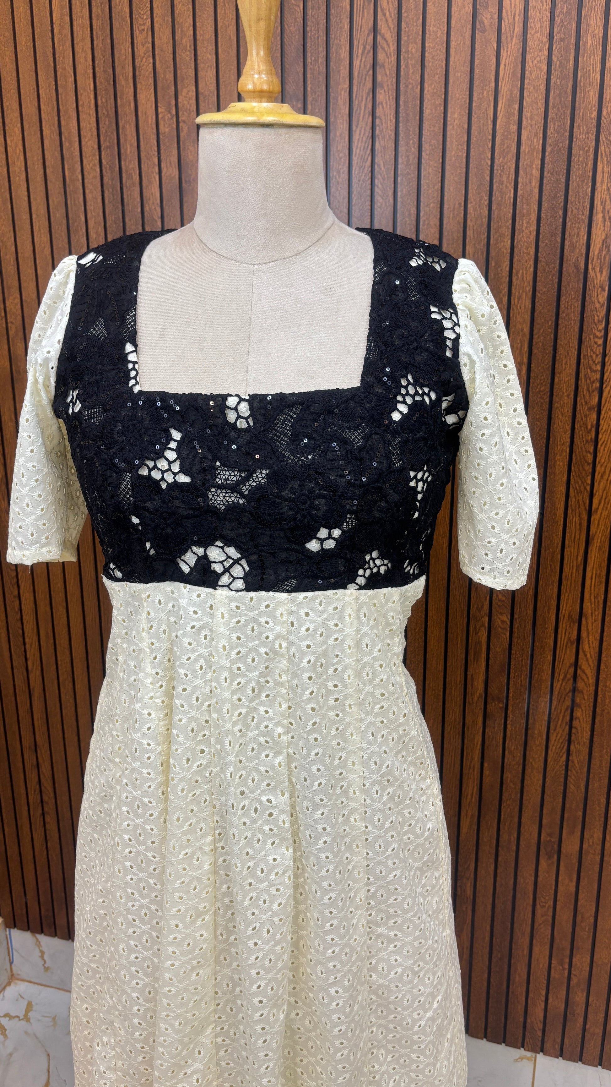 Light Yellow Dress with Black Lace Detailing