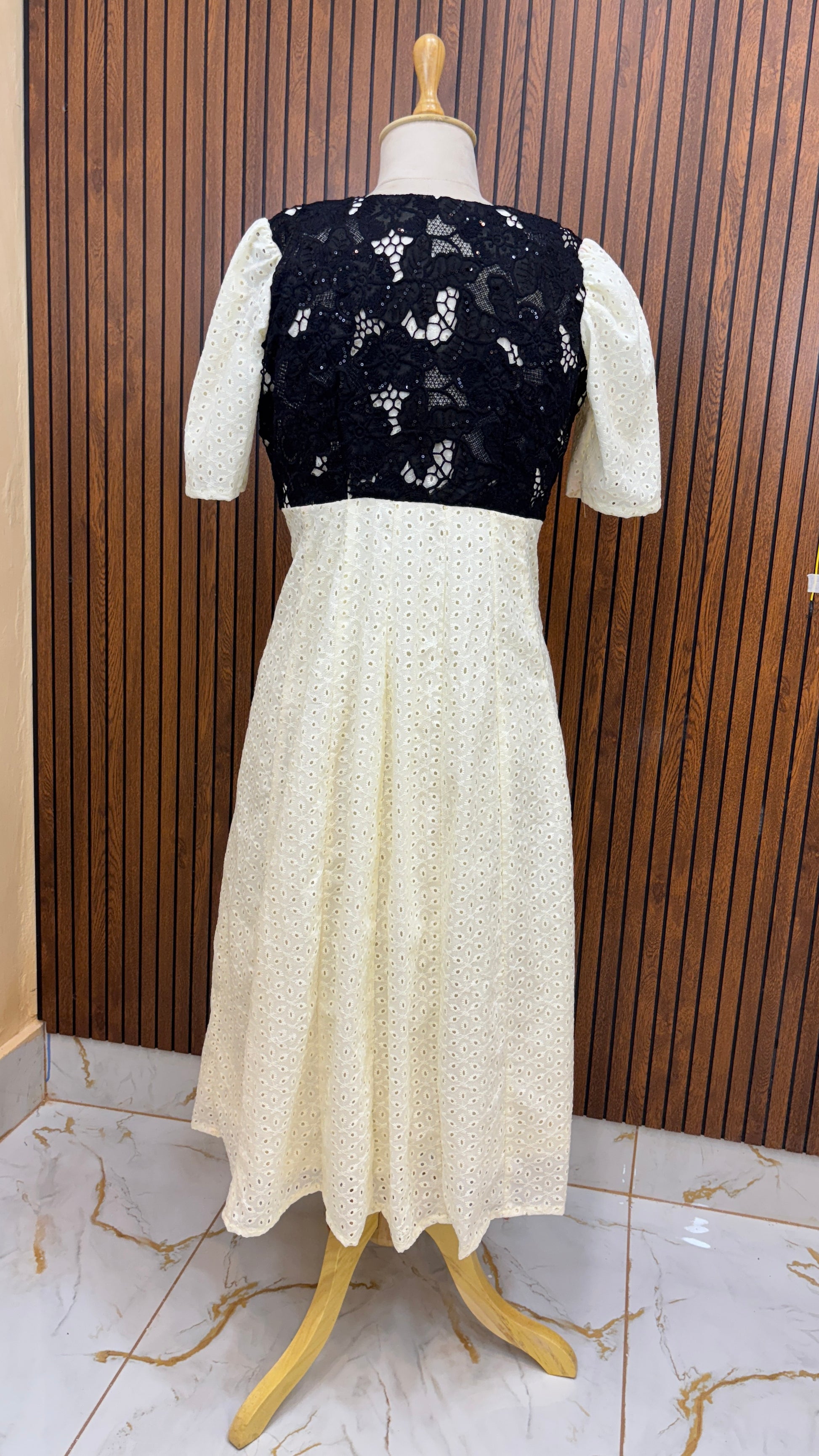 Light Yellow Dress with Black Lace Detailing