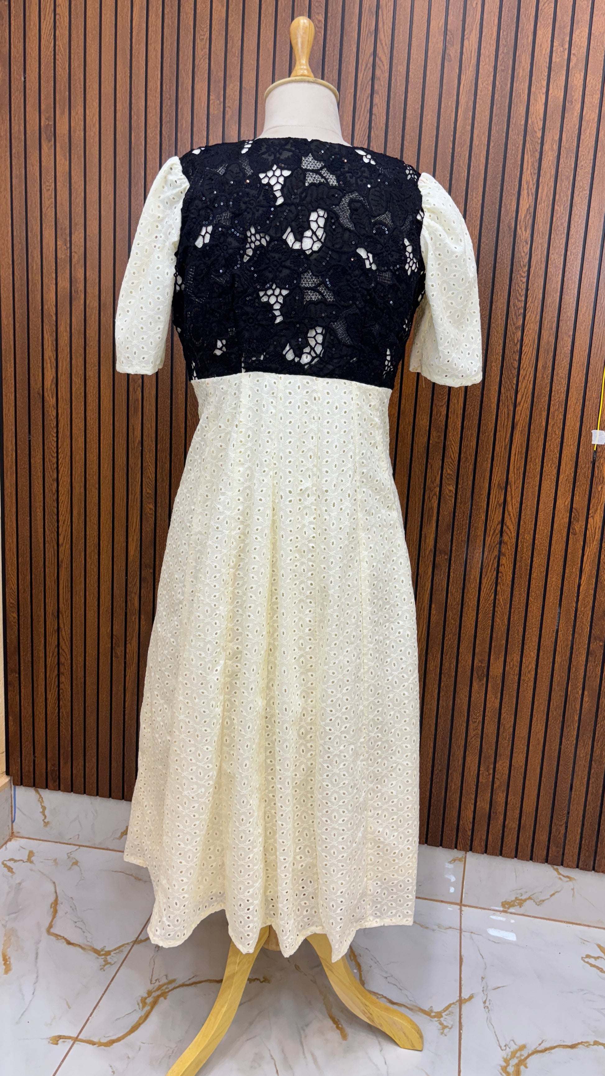 Light Yellow Dress with Black Lace Detailing