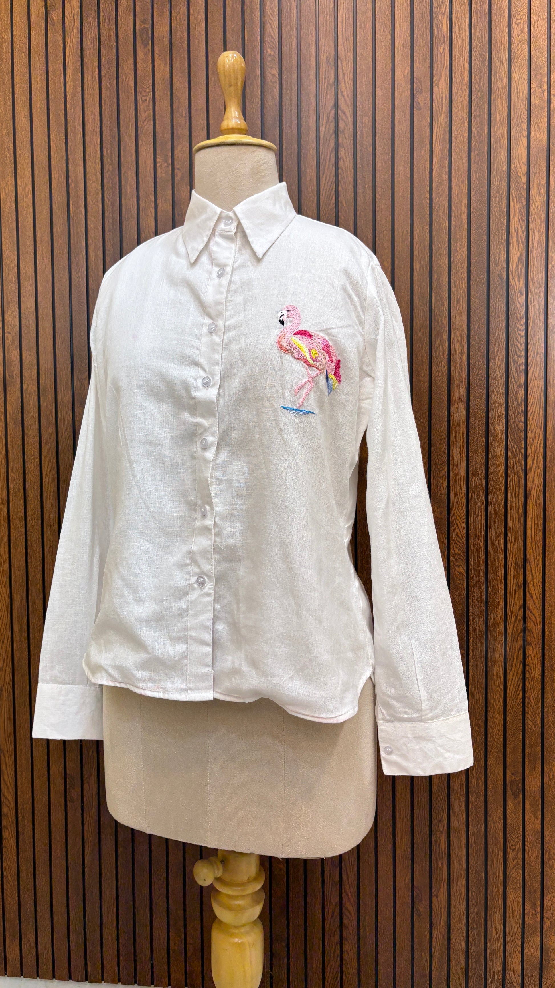 White Pure Linen Flamingo Hand Embroidered Shirt