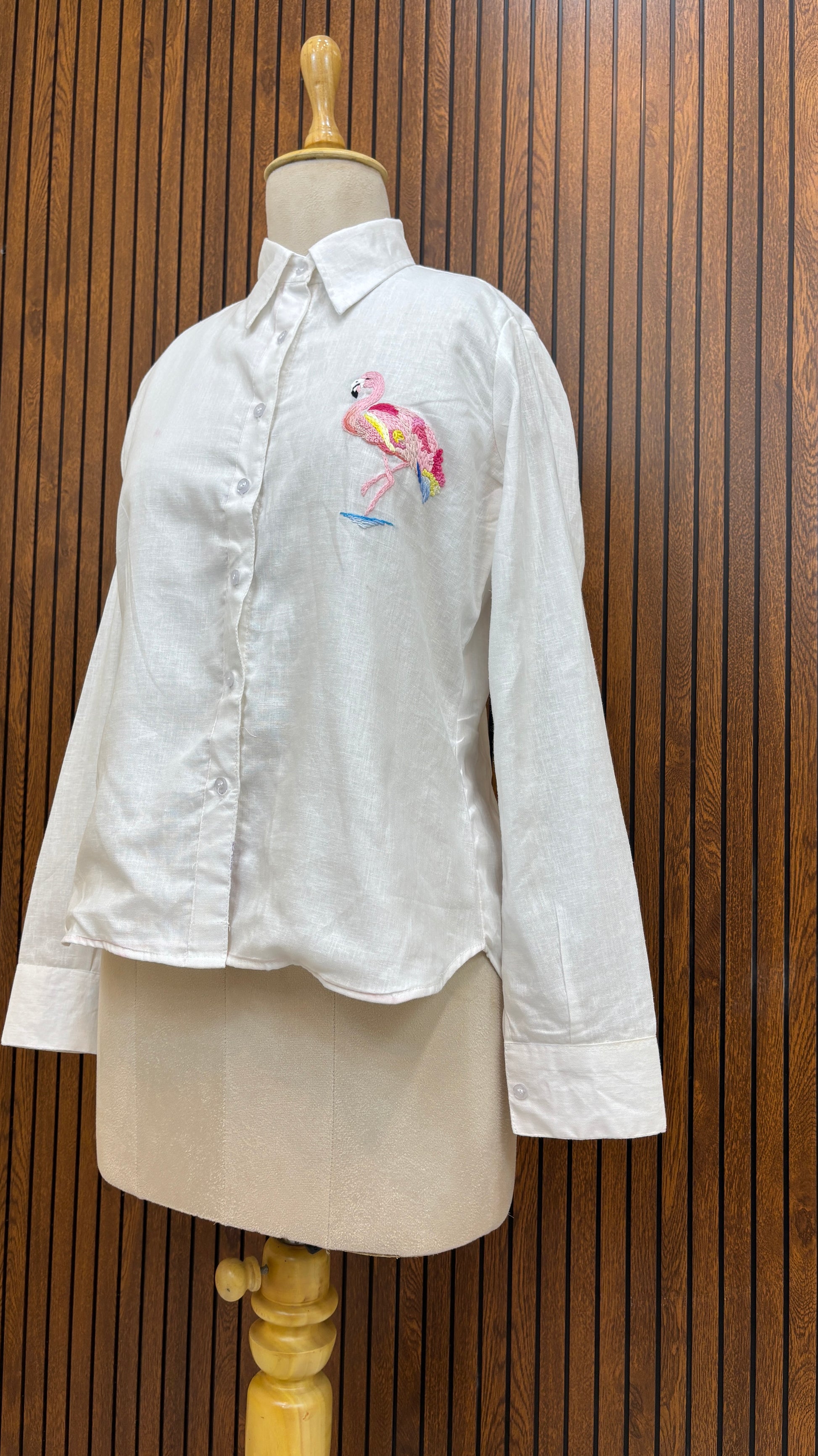 White Pure Linen Flamingo Hand Embroidered Shirt