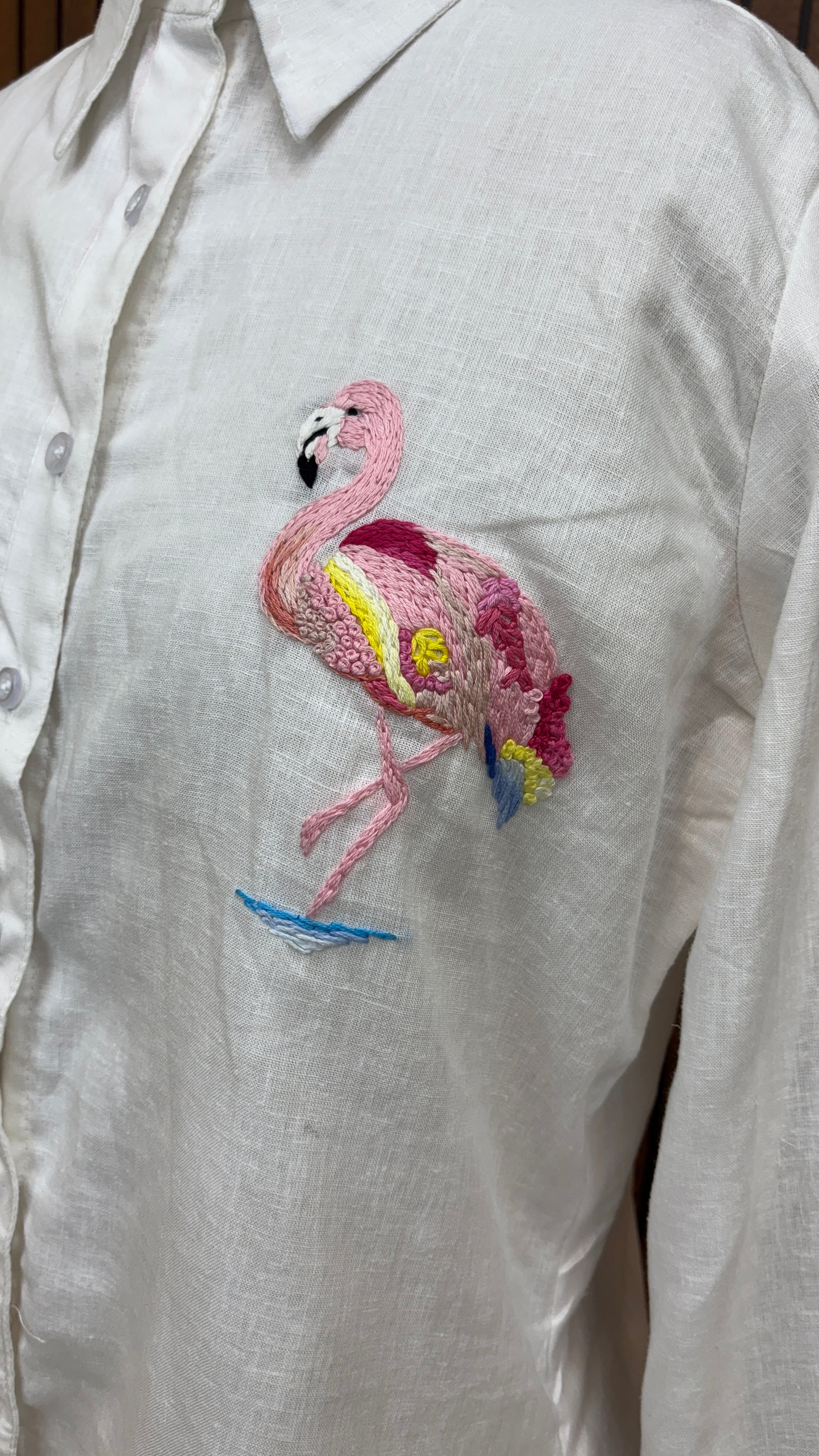 White Pure Linen Flamingo Hand Embroidered Shirt