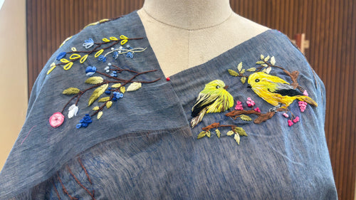 Avian Bloom – Pure Linen Saree with Bird & Floral Embroidery