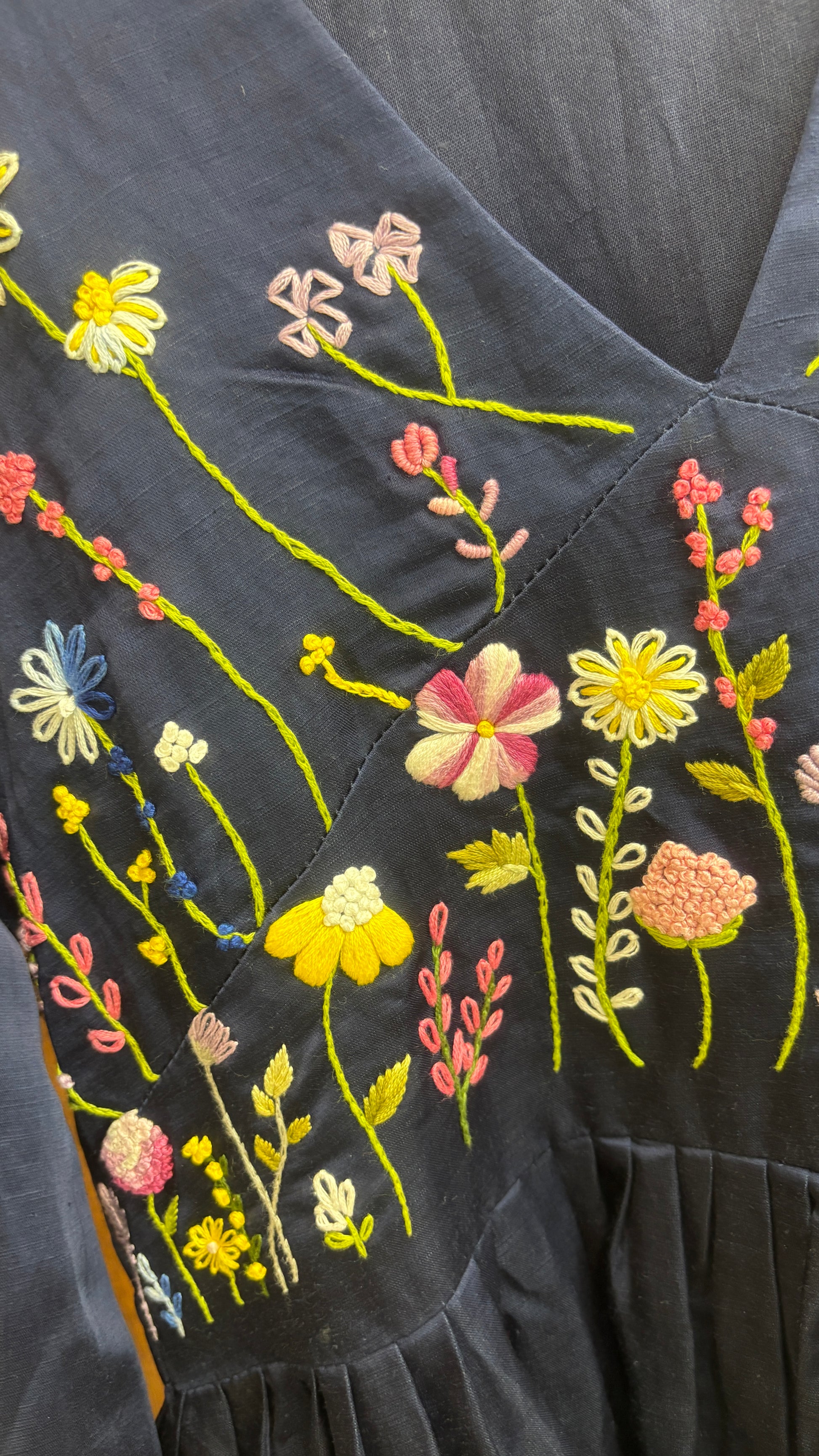 Midnight Bloom Hand Embroidered – Navy Blue Linen Satin Maxi Dress