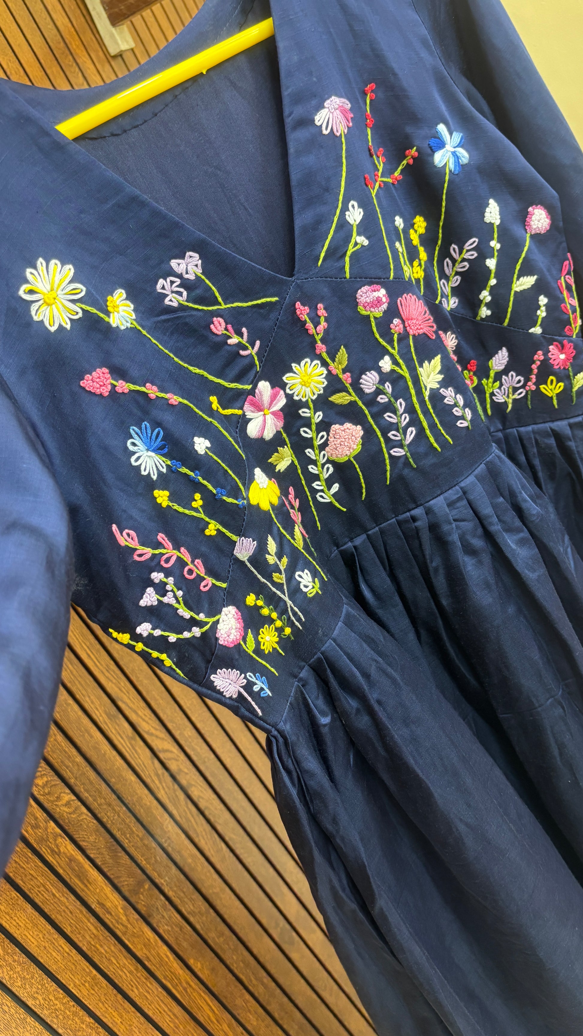 Midnight Bloom Hand Embroidered – Navy Blue Linen Satin Maxi Dress