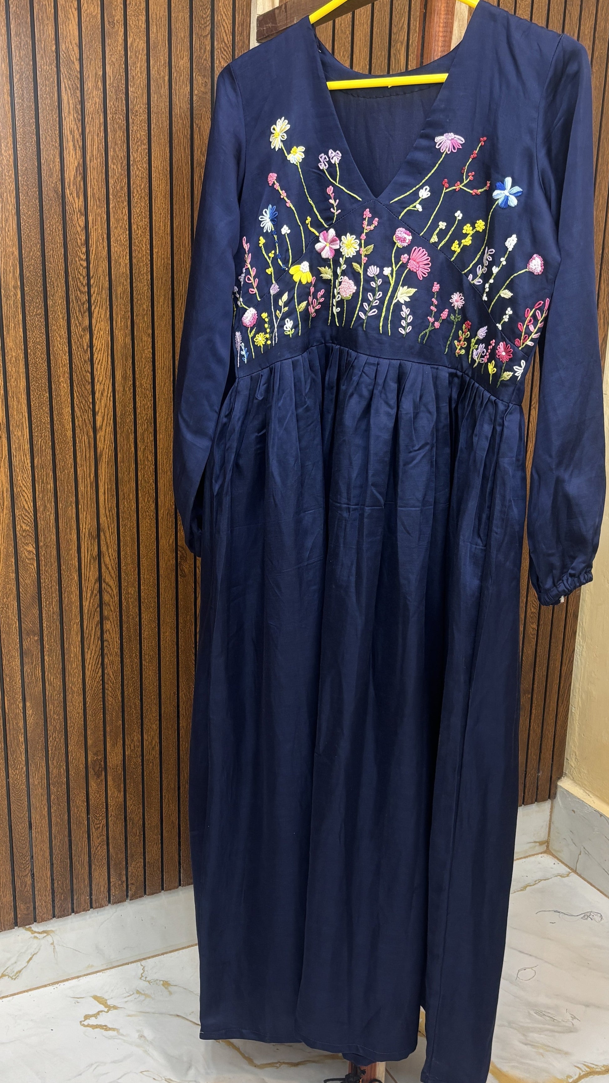 Midnight Bloom Hand Embroidered – Navy Blue Linen Satin Maxi Dress