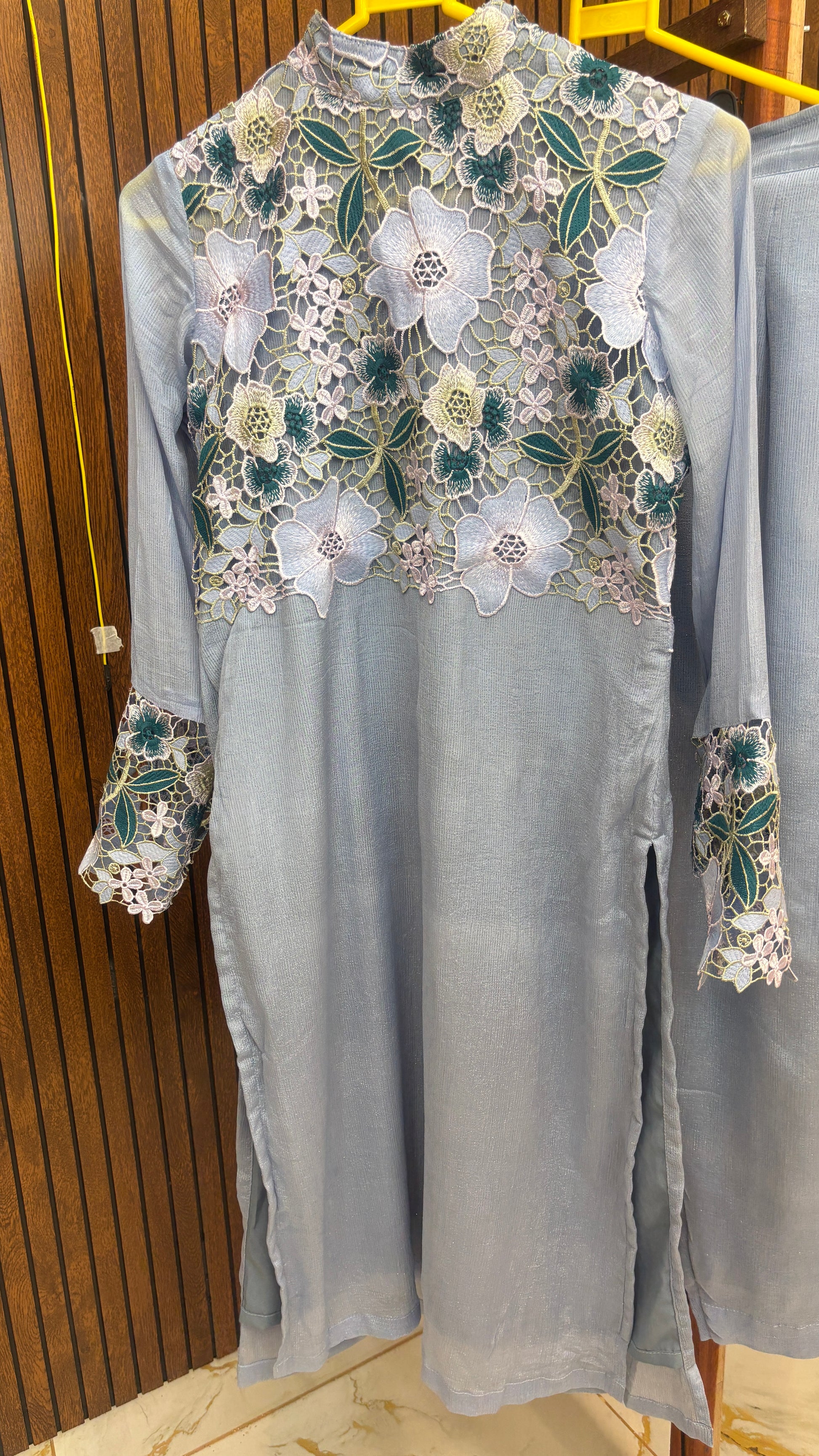 Ethereal Lace – Grey-Blue Floral Kurta Set