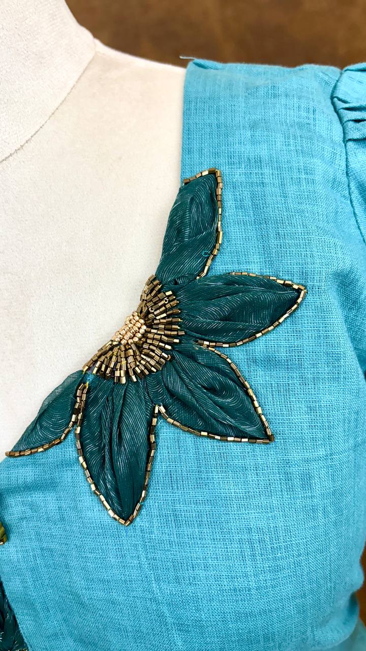 Designer Teal Linen Kurta with Hand Embroidered Appliqué Work