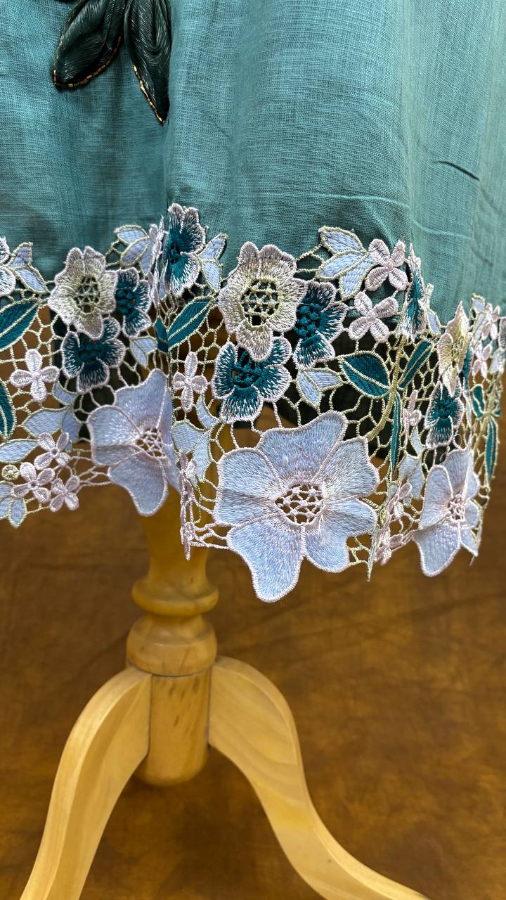 Designer Teal Linen Kurta with Hand Embroidered Appliqué Work