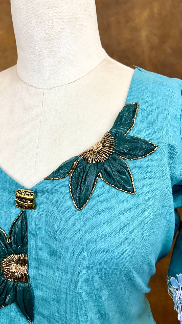 Designer Teal Linen Kurta with Hand Embroidered Appliqué Work
