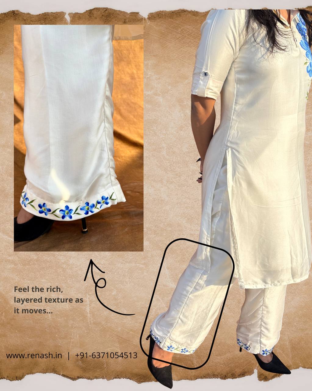 Designer White Modal Silk Kurta Set – Blue Floral Hand Painted