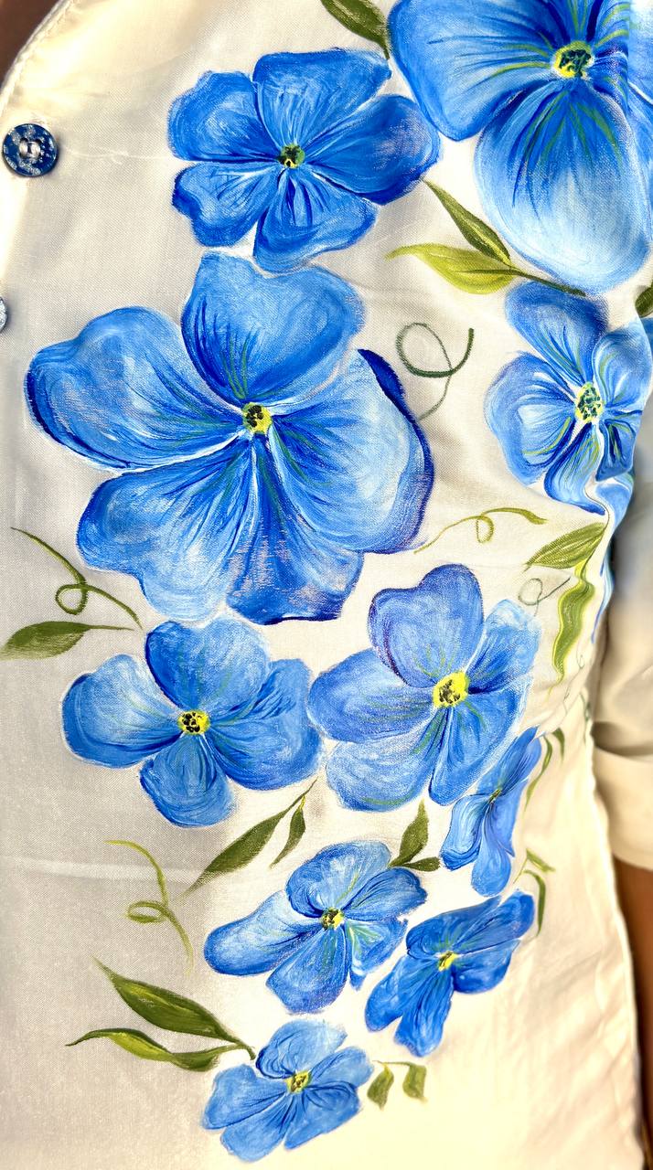 Designer White Modal Silk Kurta Set – Blue Floral Hand Painted