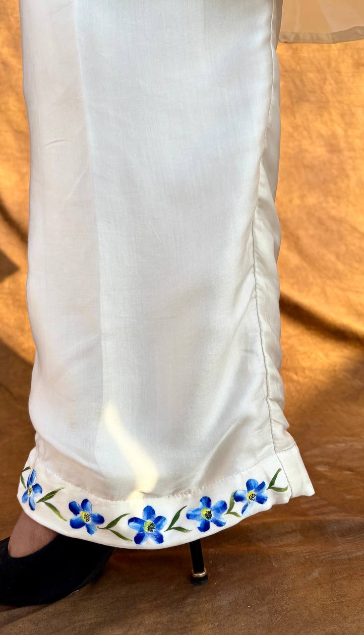 Designer White Modal Silk Kurta Set – Blue Floral Hand Painted