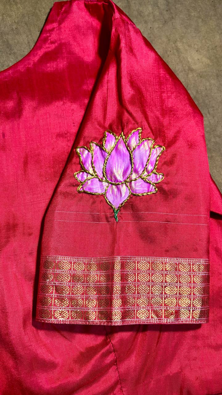 Designer Red Sambalpuri Blouse – Hand Painted Lotus & Aari Embellishment